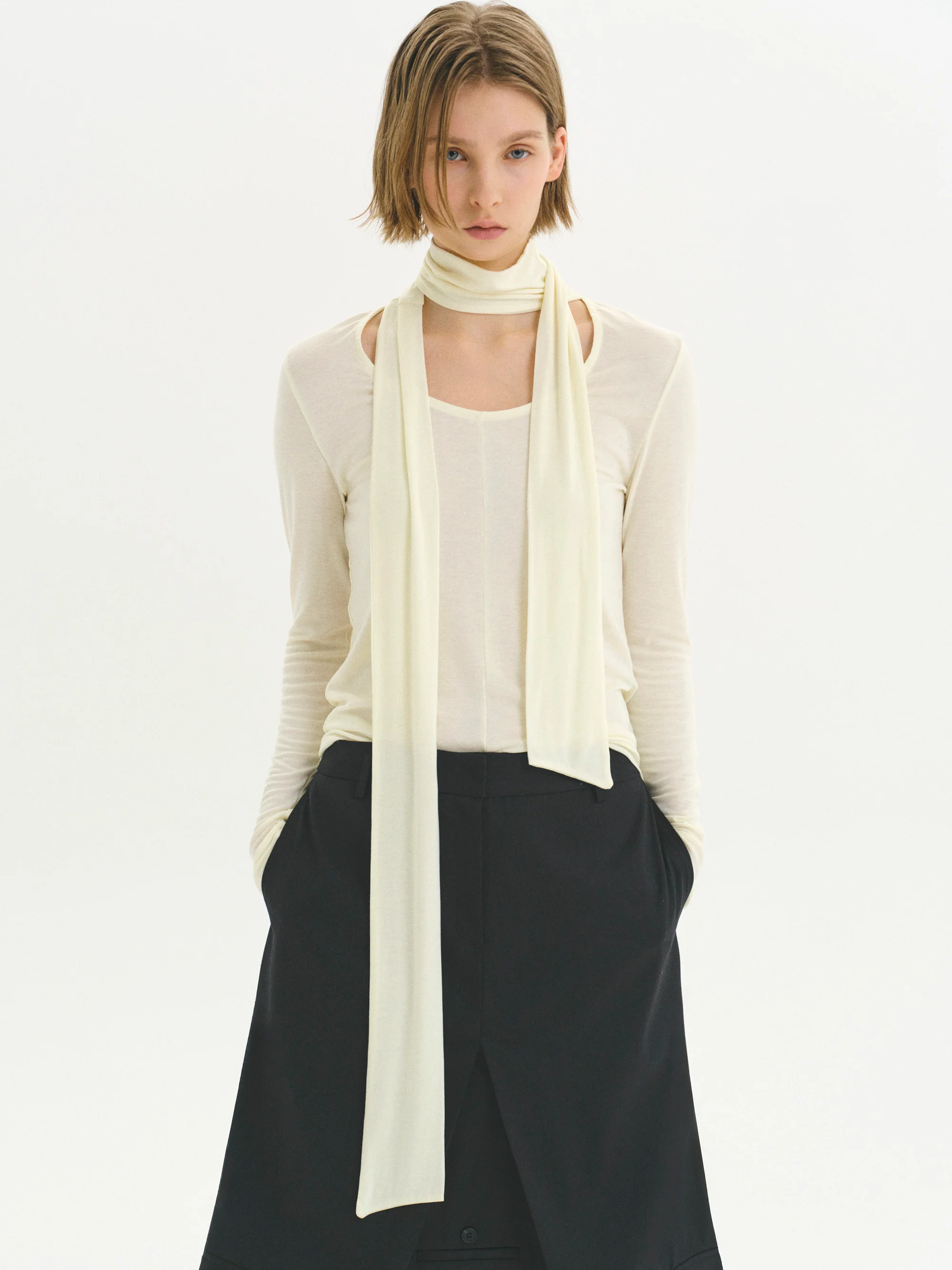 Tie Neck Jersey Top, Cream