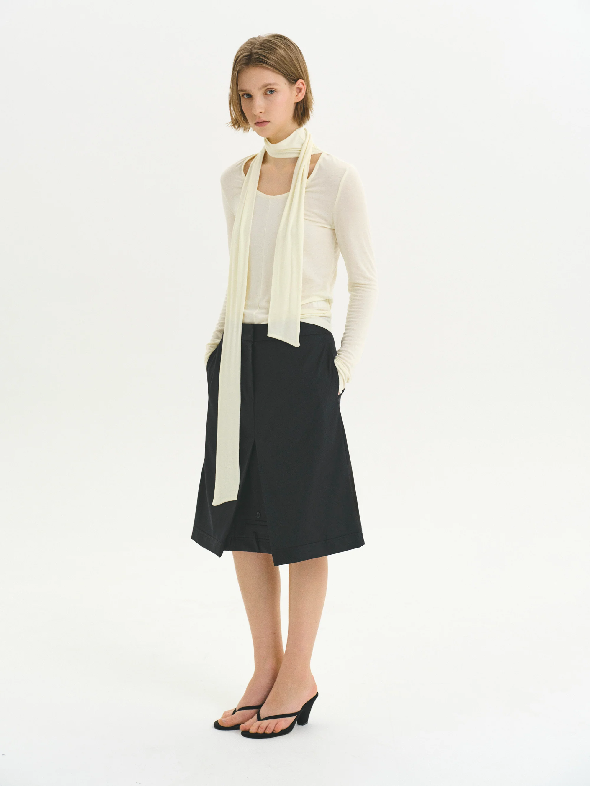 Tie Neck Jersey Top, Cream - Image 2