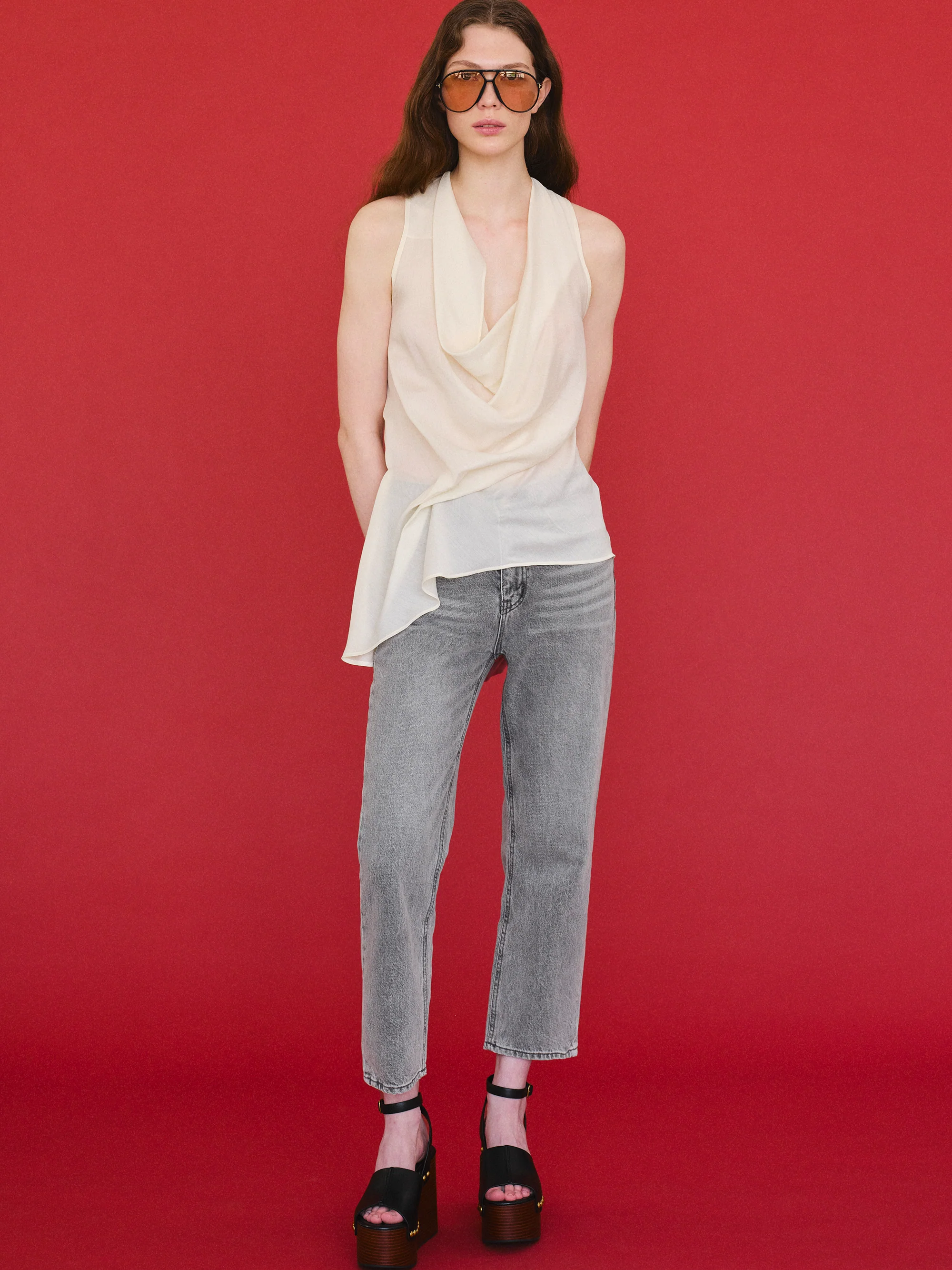 Tomi Asymmetrical Drape Satin Top, Ivory - Image 3