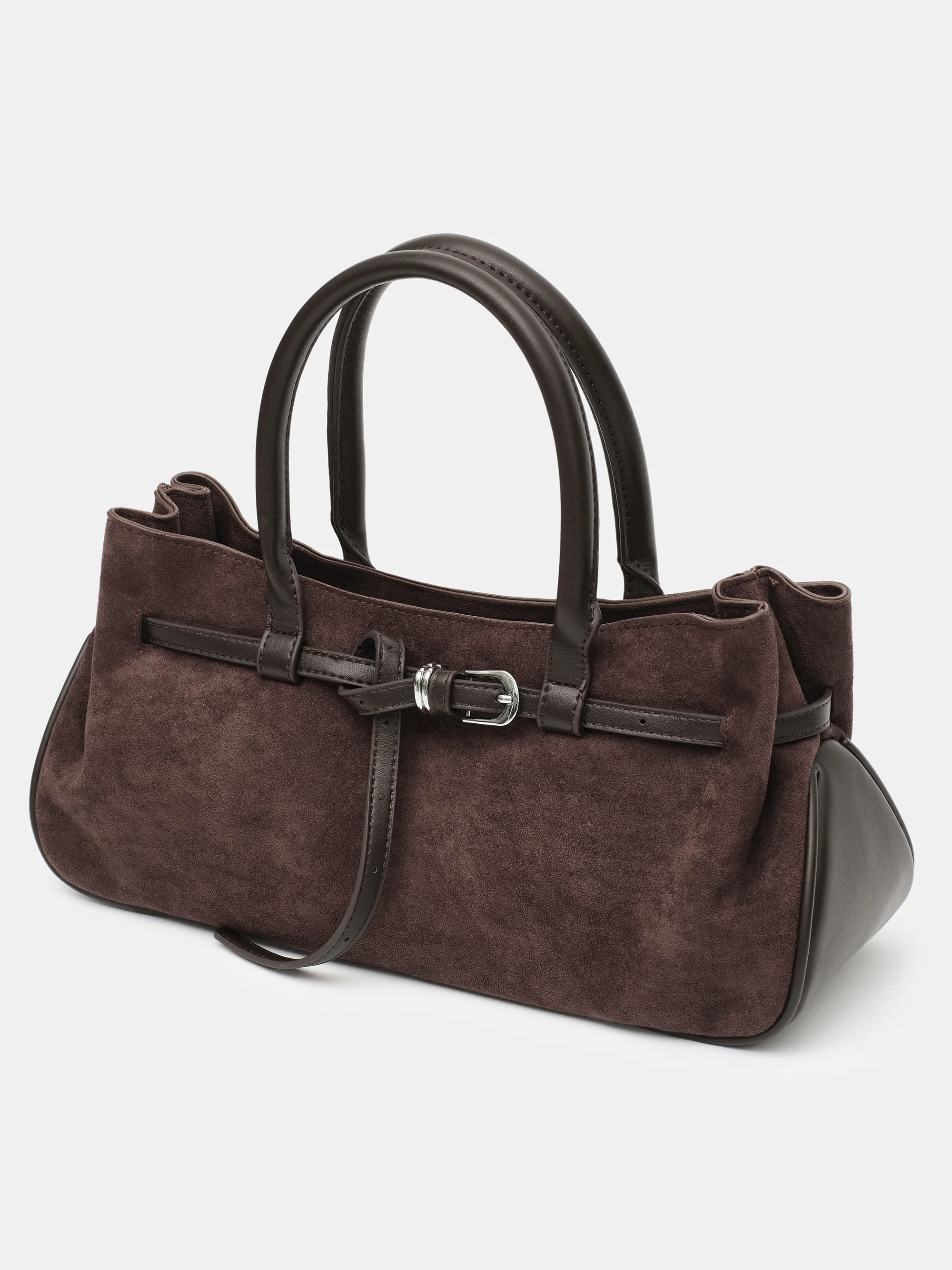 Top Handle Suede Hobo Bag, Brown - Image 3