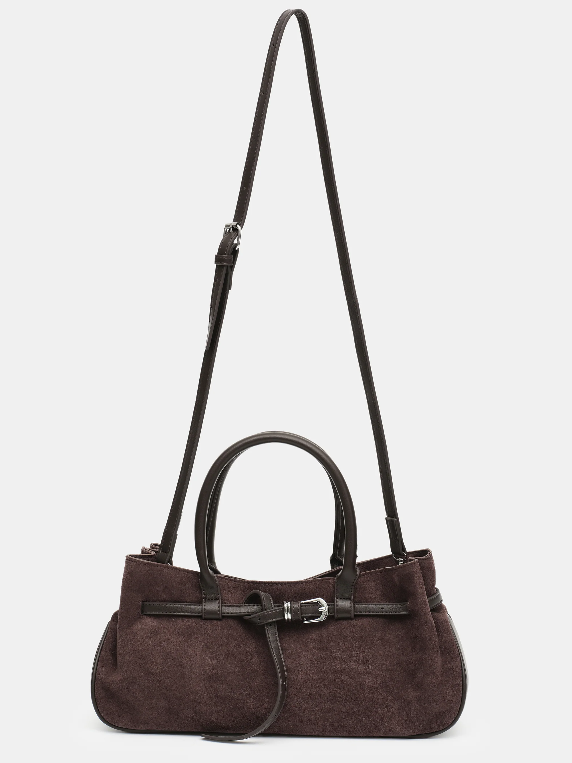 Top Handle Suede Hobo Bag, Brown - Image 5