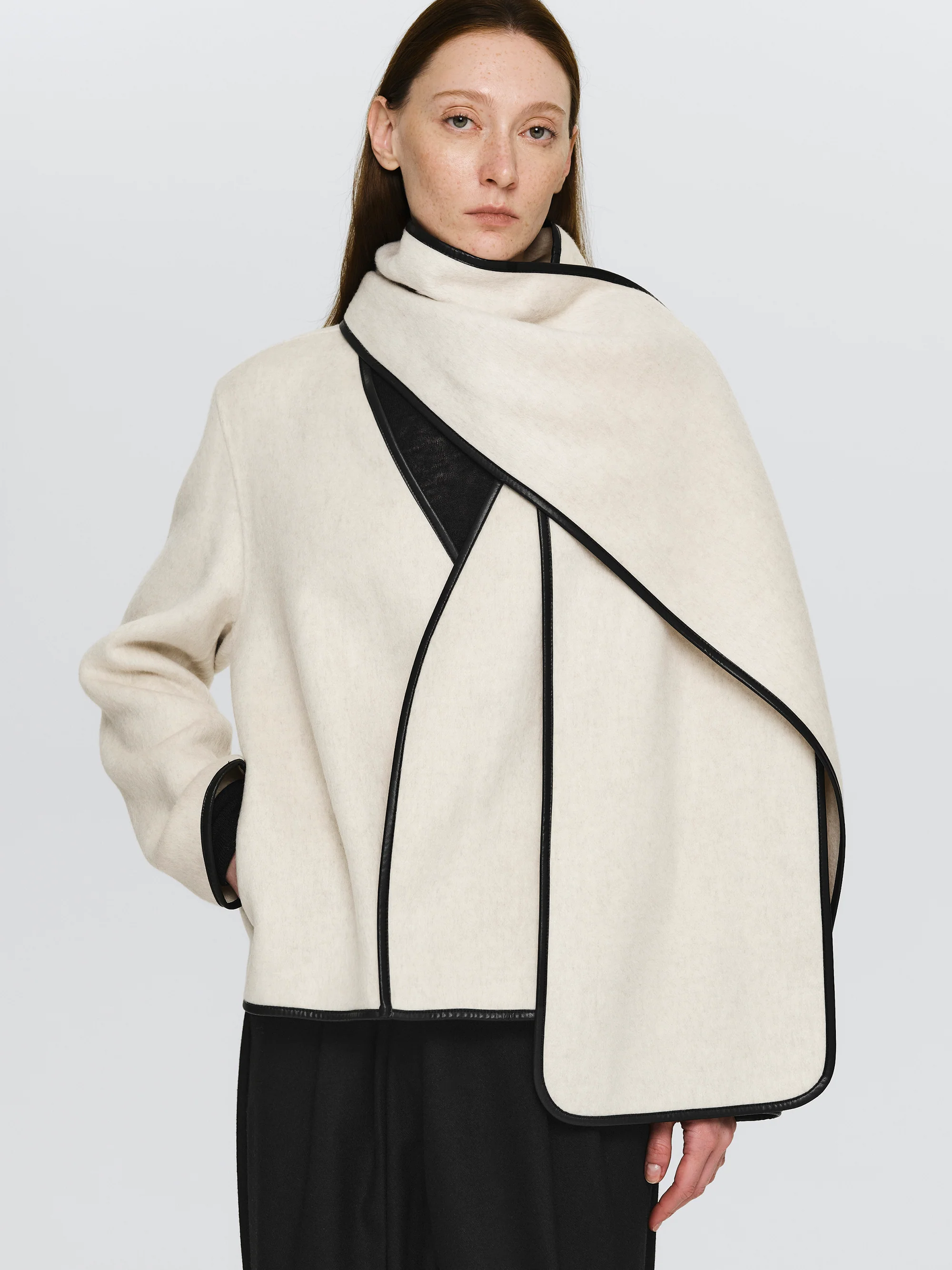 Trim Scarf Wool Jacket, Ivory