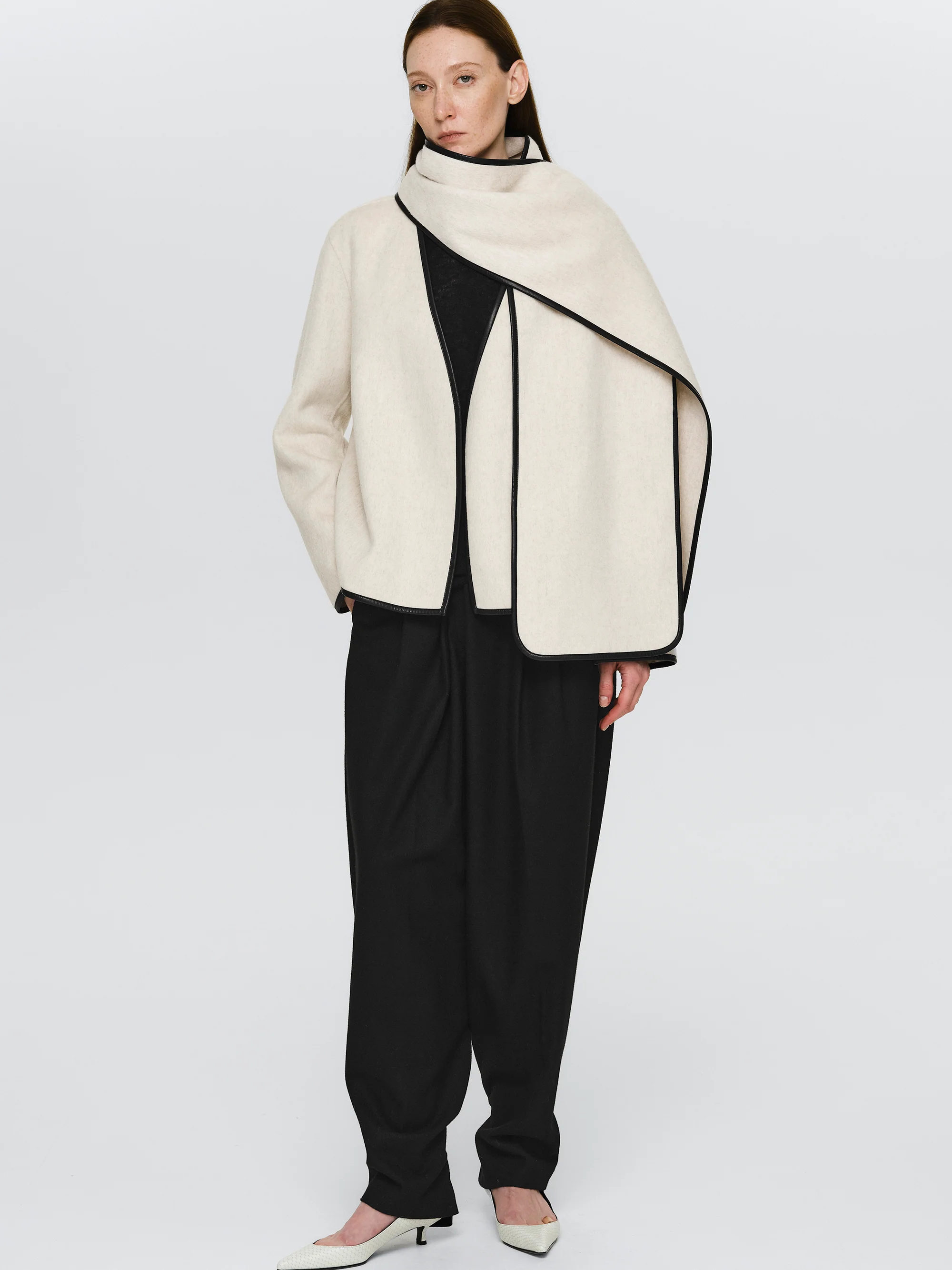 Trim Scarf Wool Jacket, Ivory - Image 2