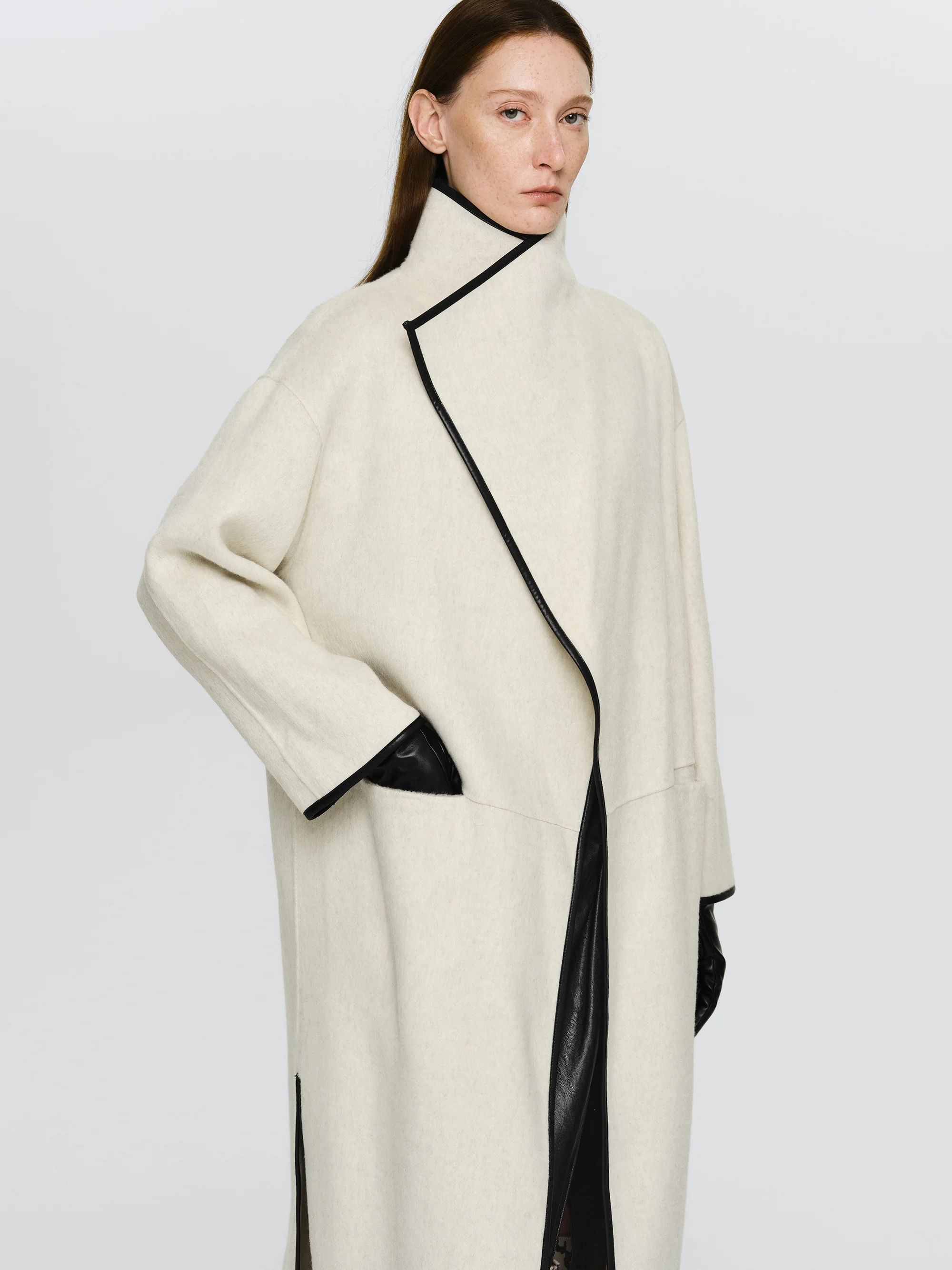 Trim Wrap Wool Coat, Ivory