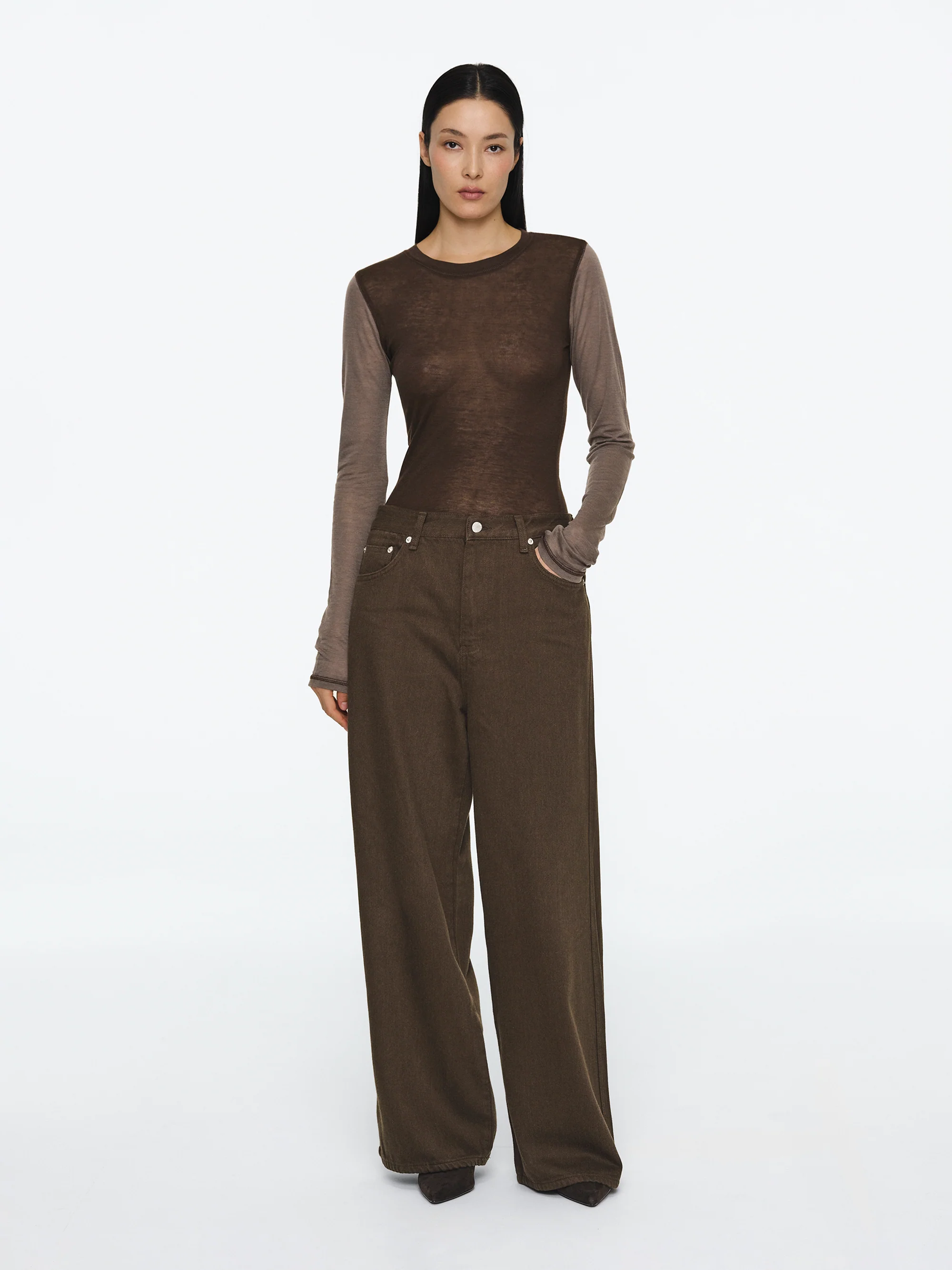Two Color Semi-Sheer Top, Brown - Image 2