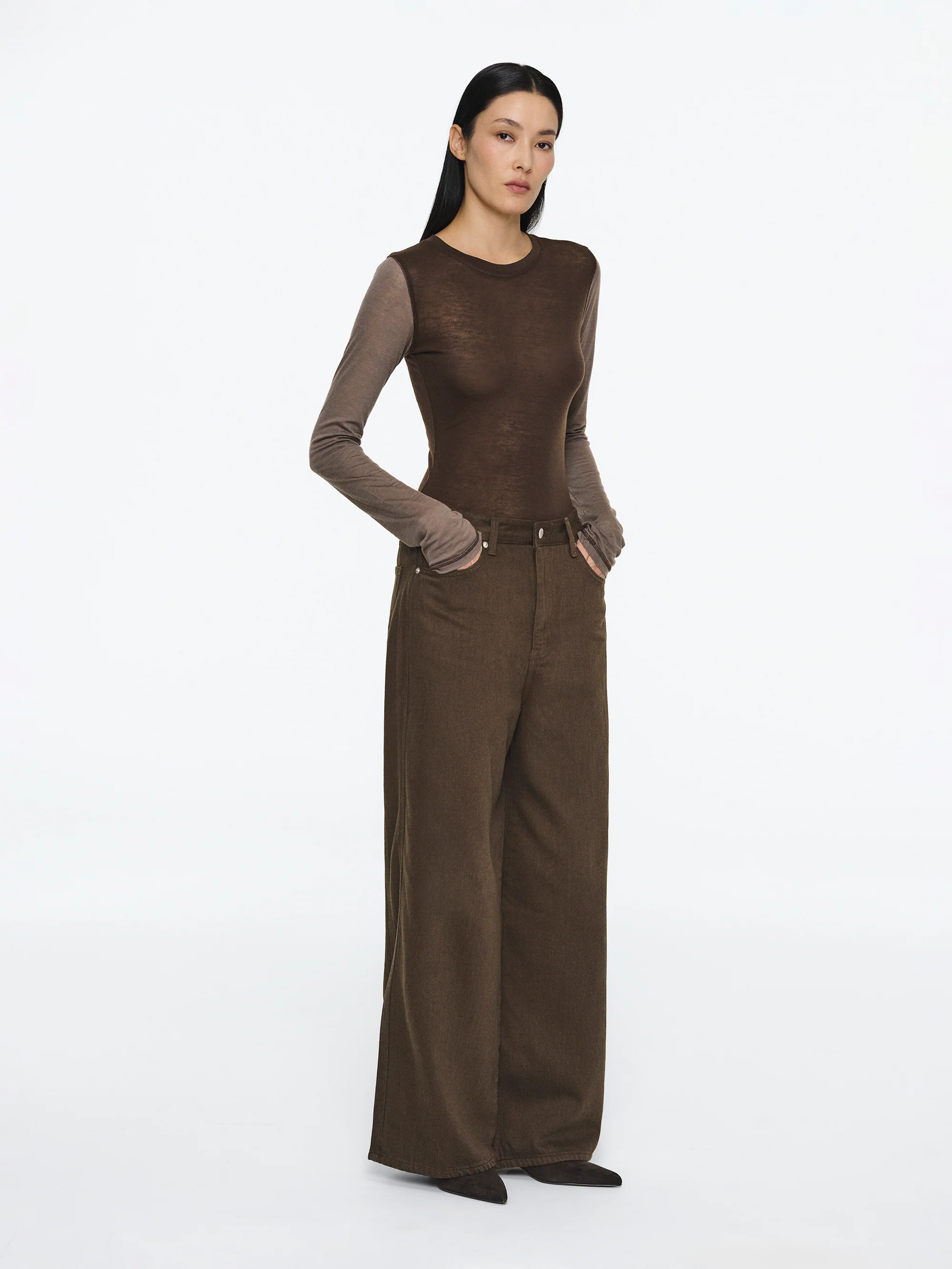 Two Color Semi-Sheer Top, Brown - Image 3