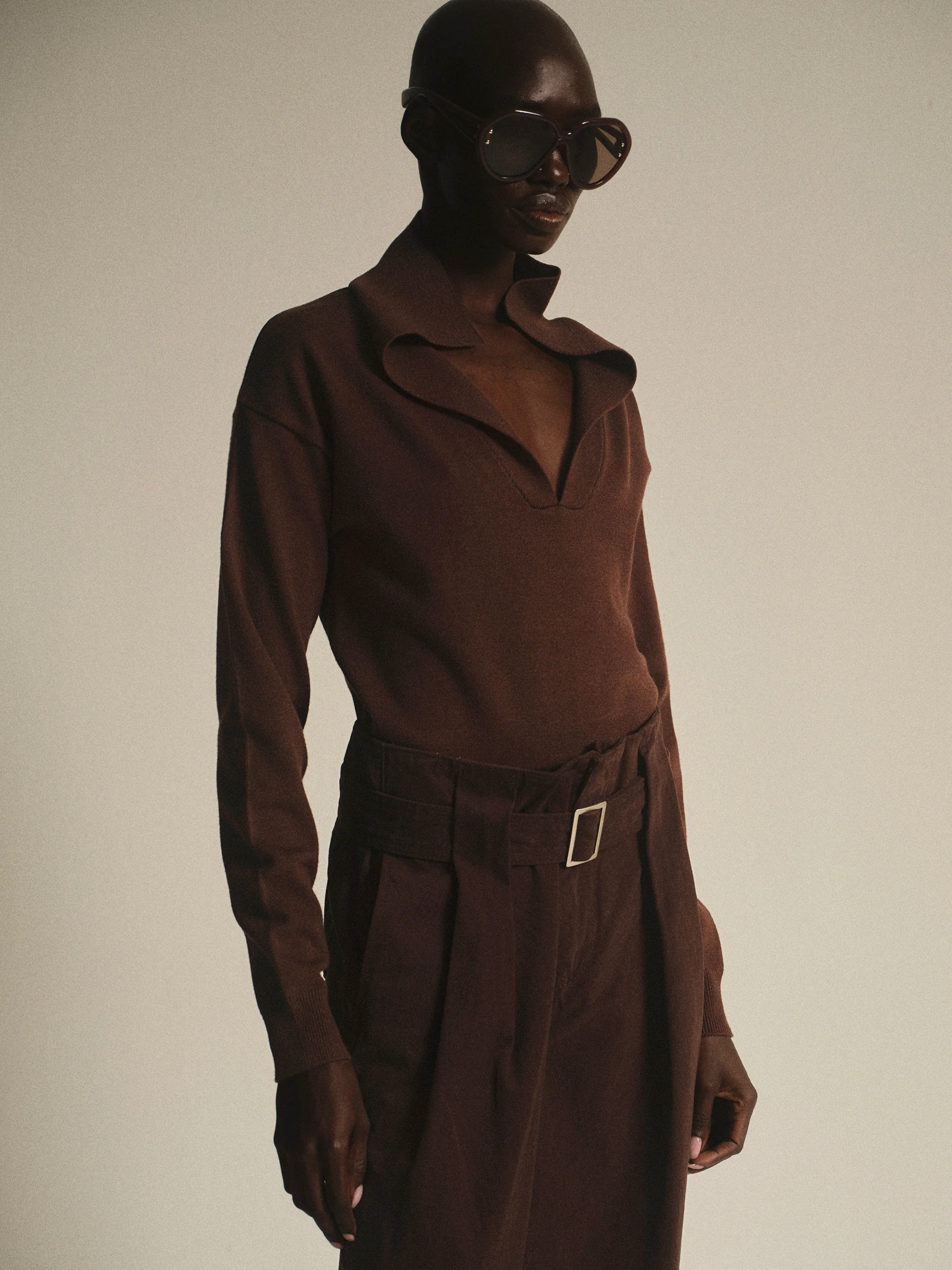 V-Neck Knit Polo, Brown