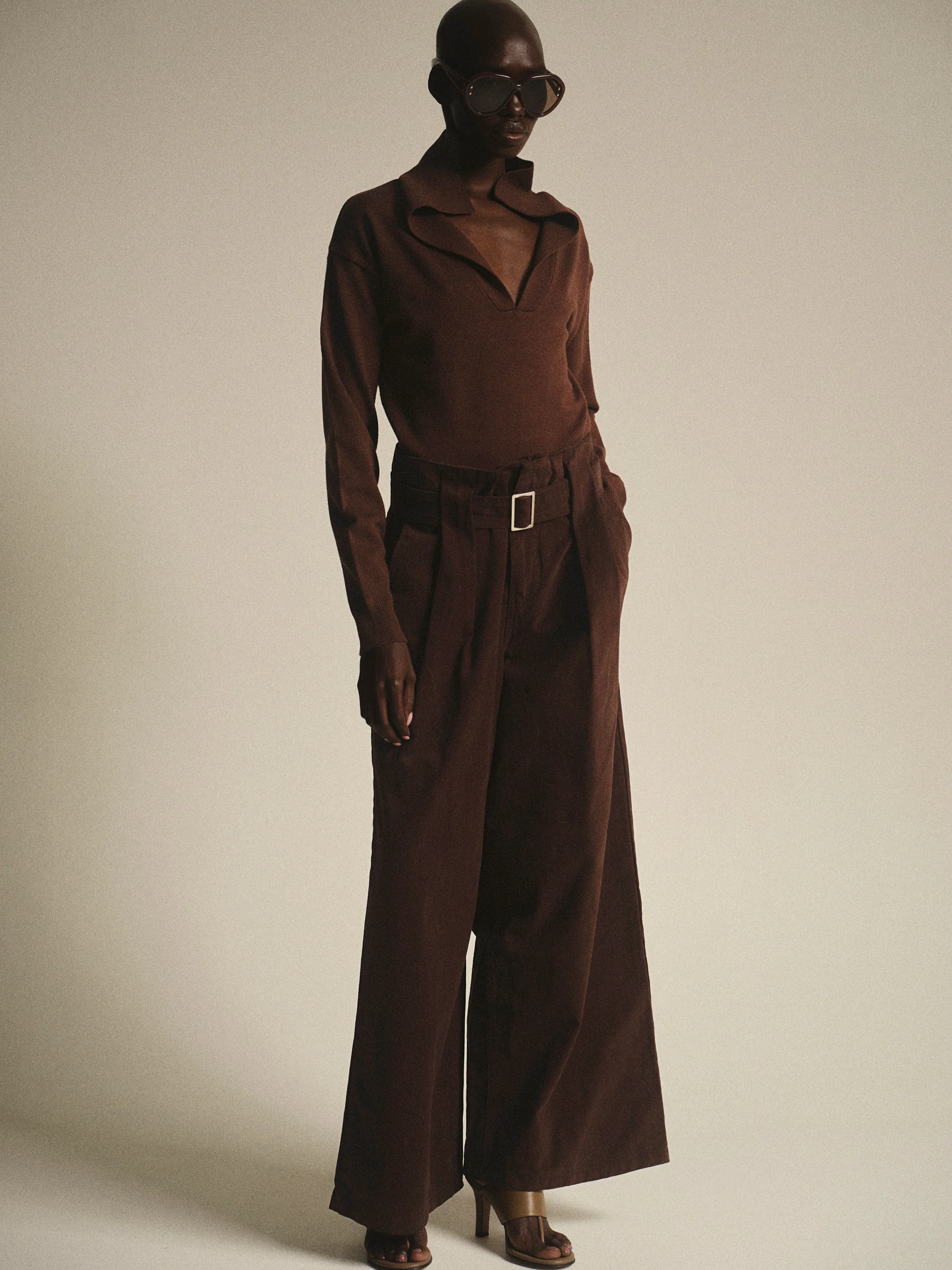 V-Neck Knit Polo, Brown - Image 2