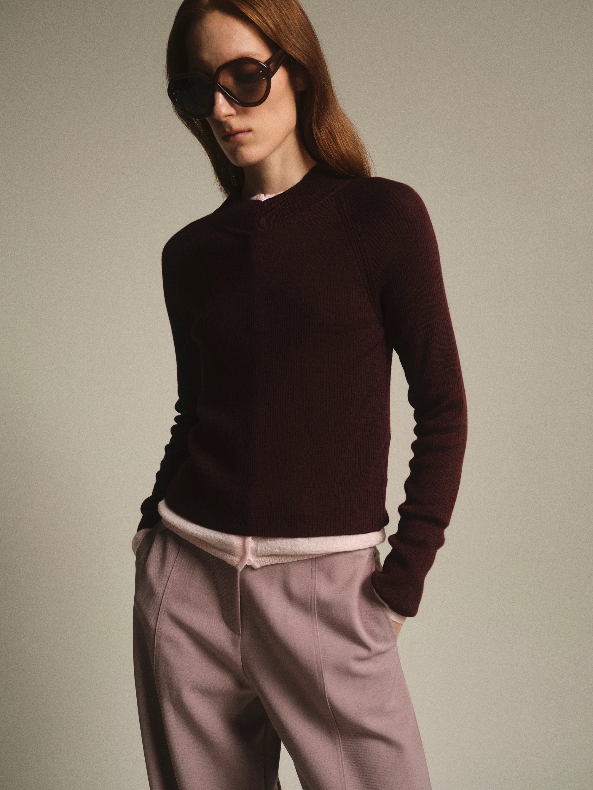 V-Neck Knit Top, Wine - Image 3
