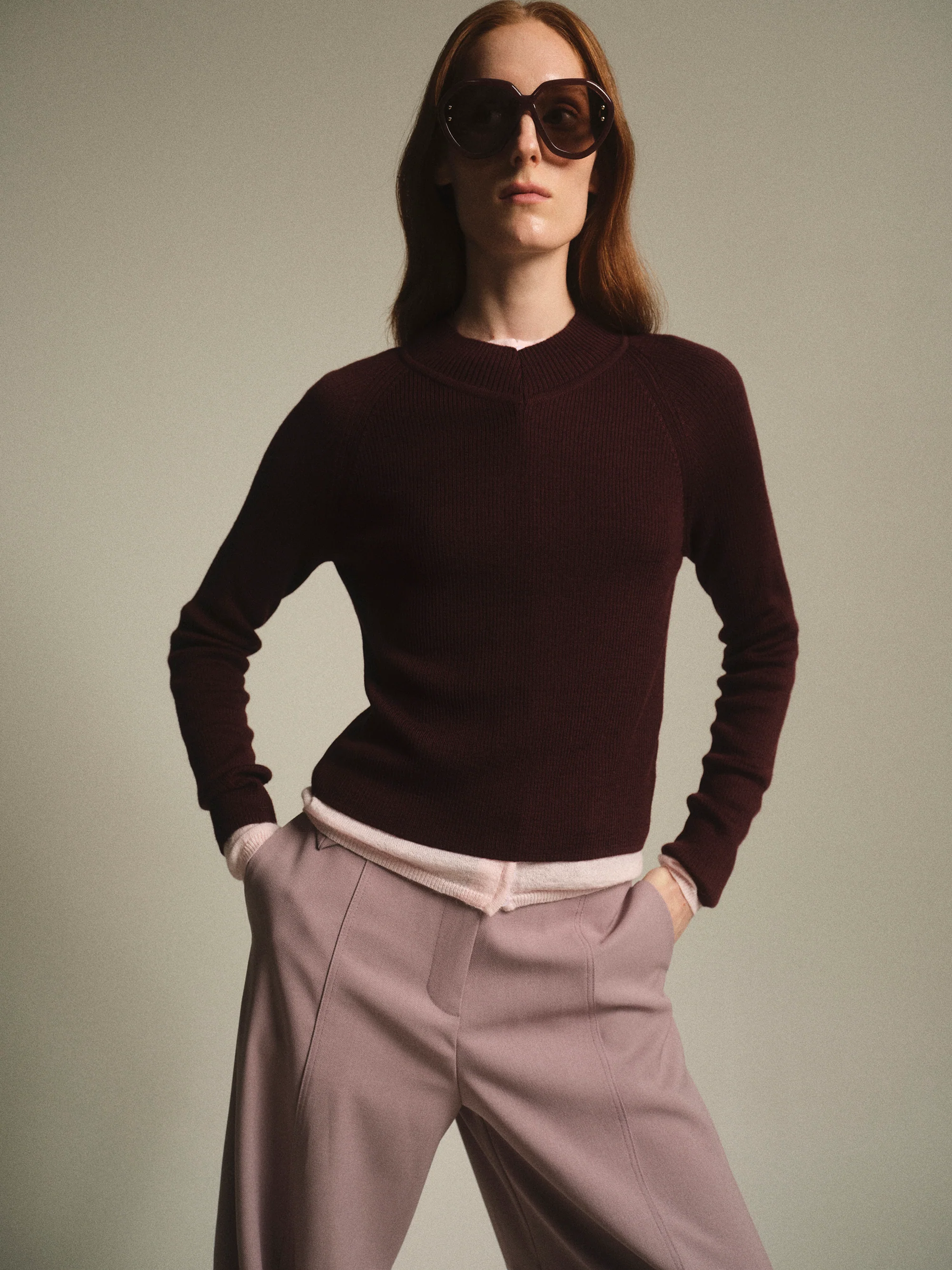 V-Neck Knit Top, Wine - Image 4