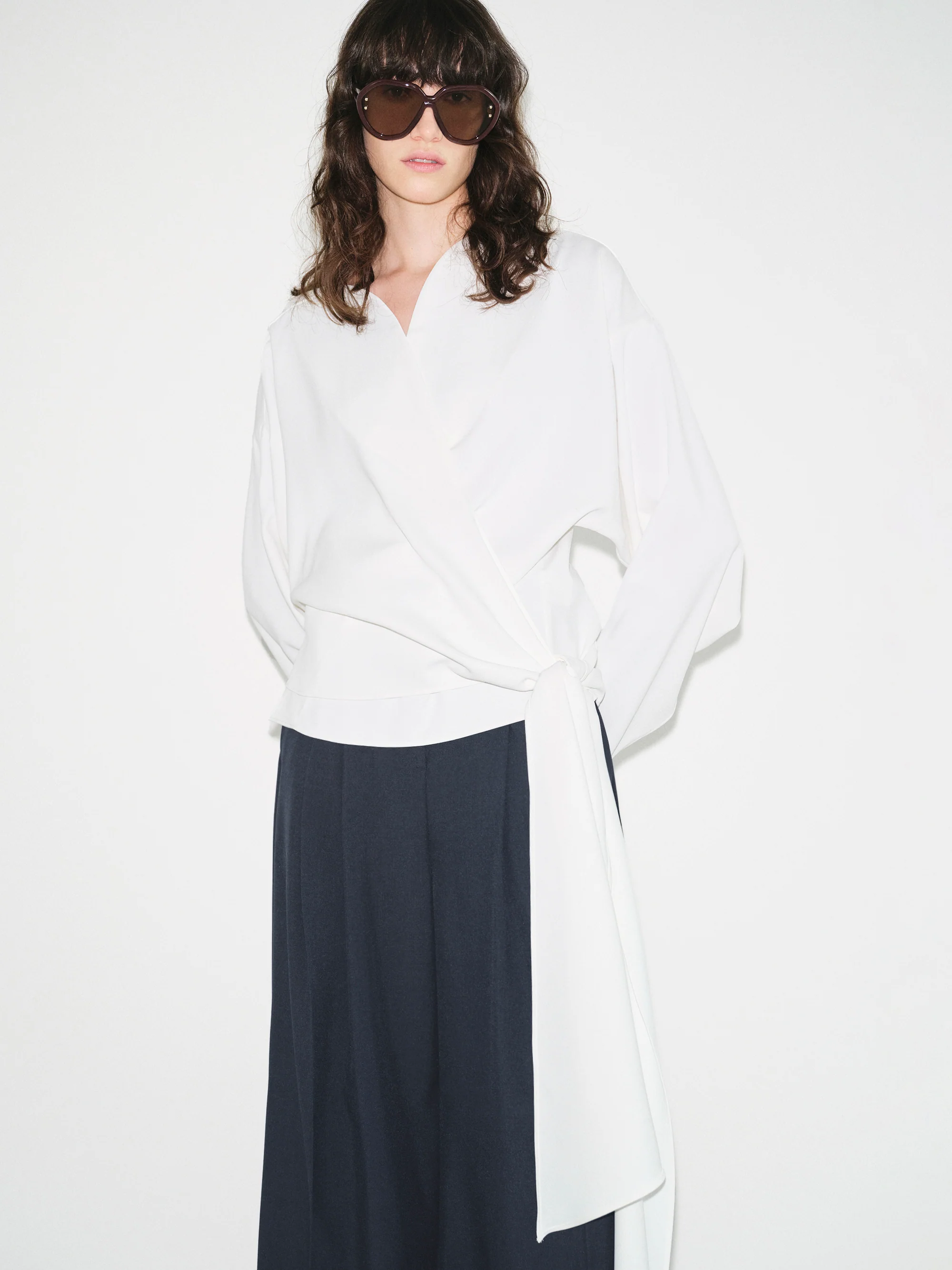 V-Neck Wrap Blouse, White - Image 2