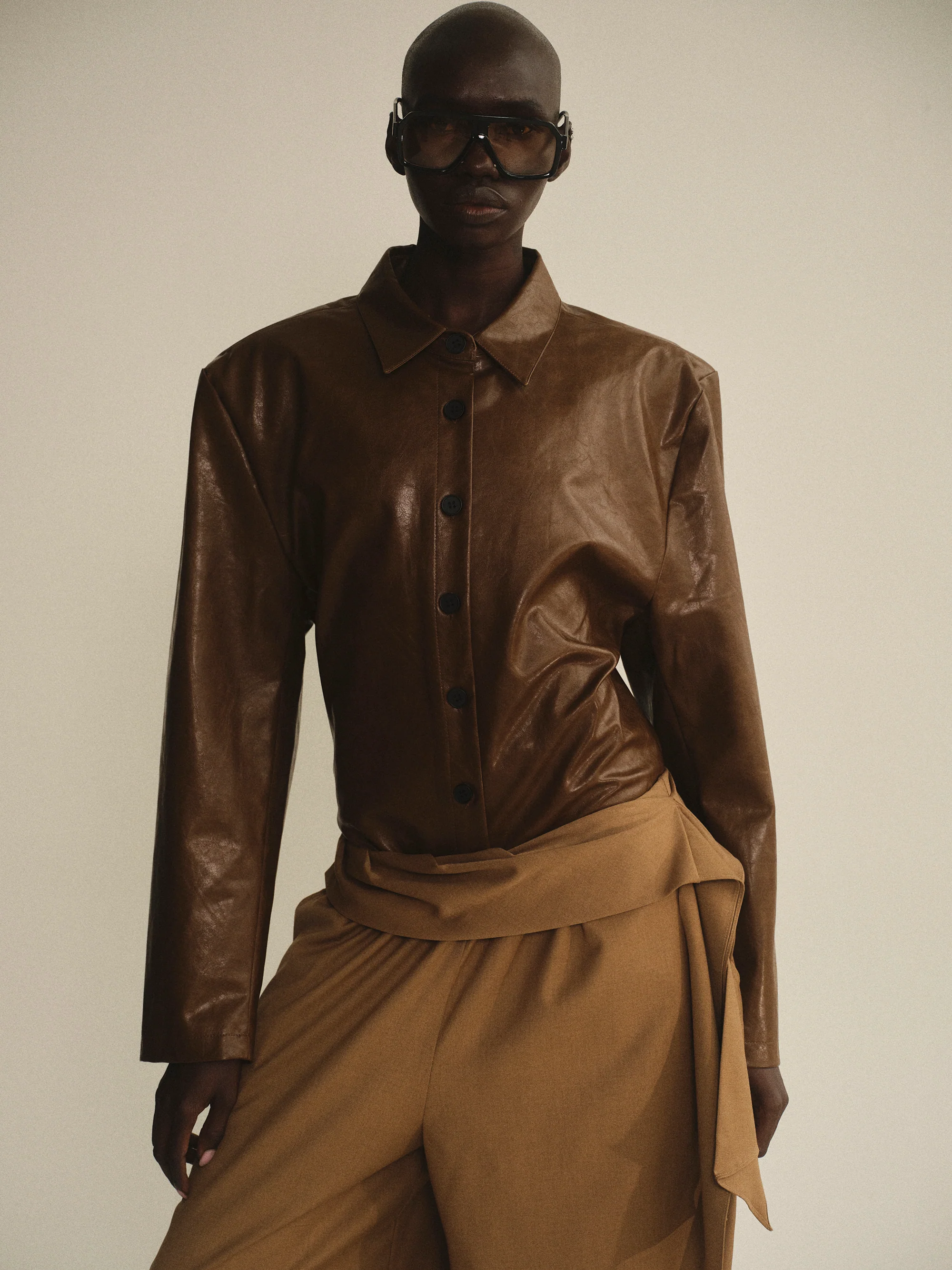 Vegan Leather Overshirt, Brown