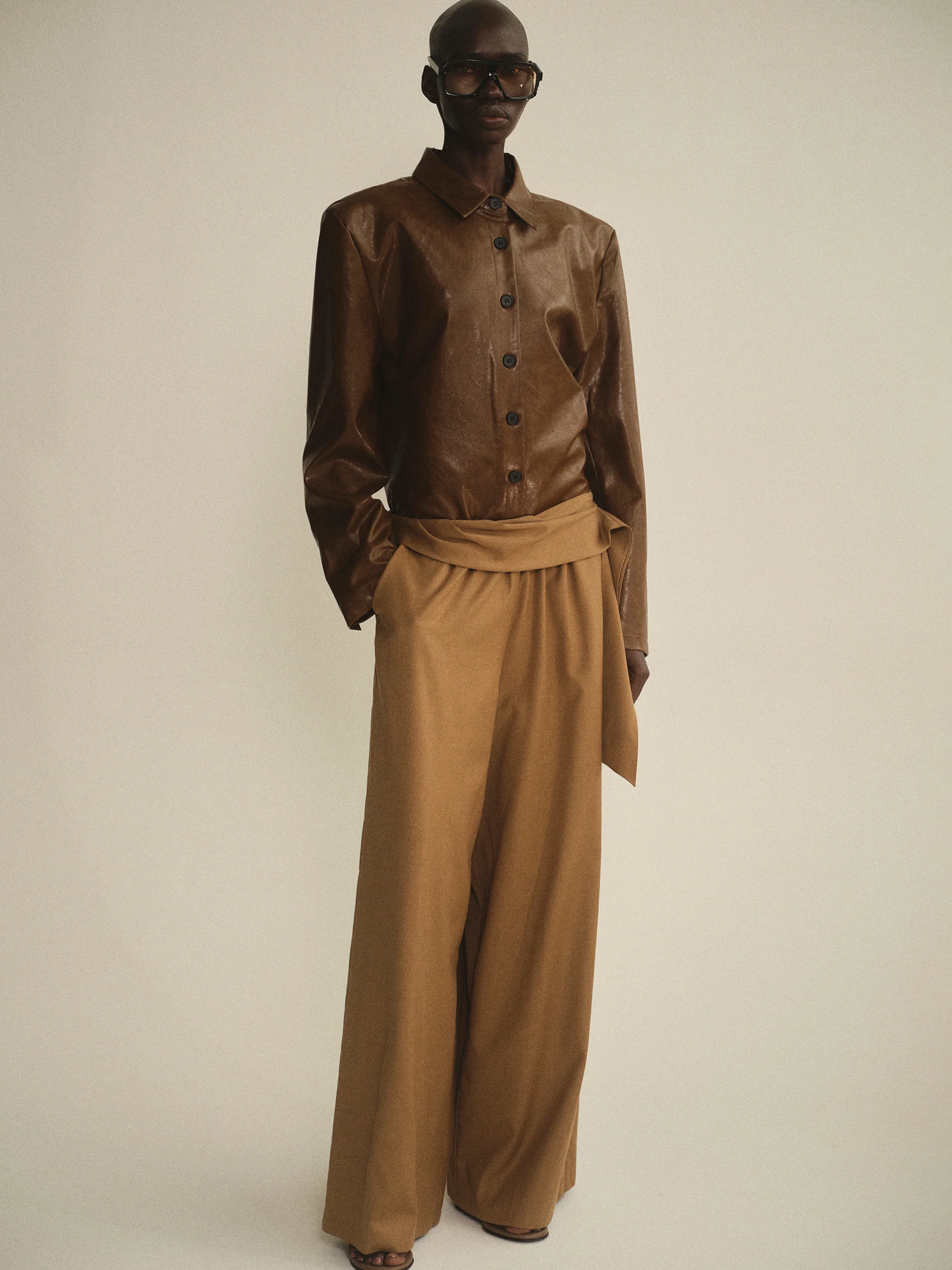 Vegan Leather Overshirt, Brown - Image 3