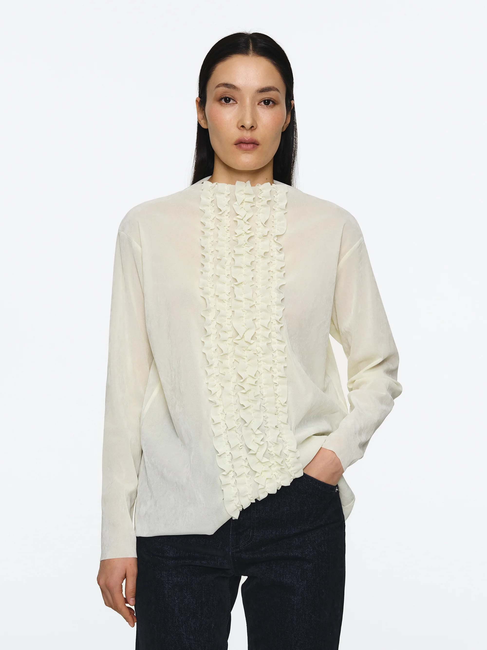 Velvet Mesh Ruffle Top, Ivory