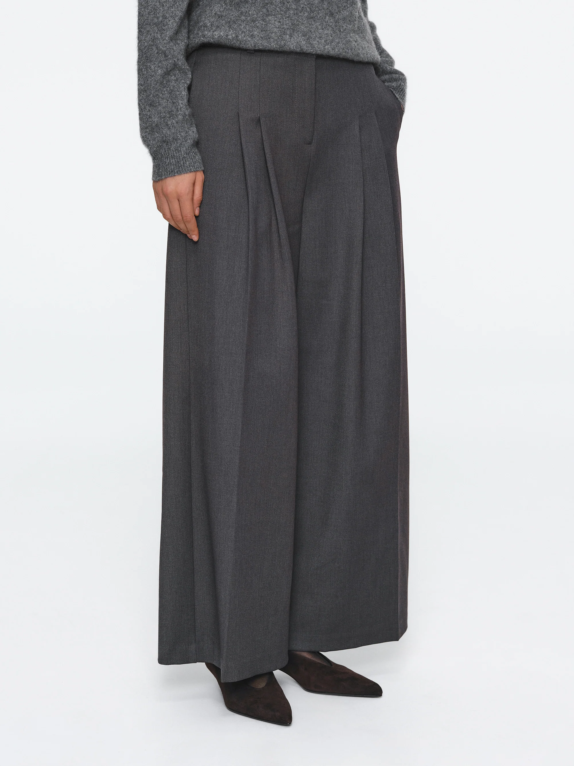 Wide Double Pleated Trousers, Charcoal - Image 2