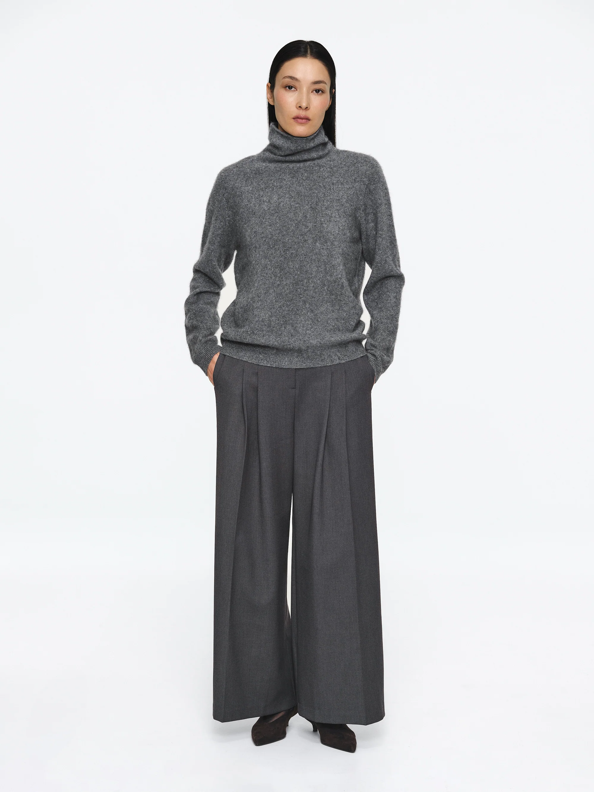 Wide Double Pleated Trousers, Charcoal - Image 3