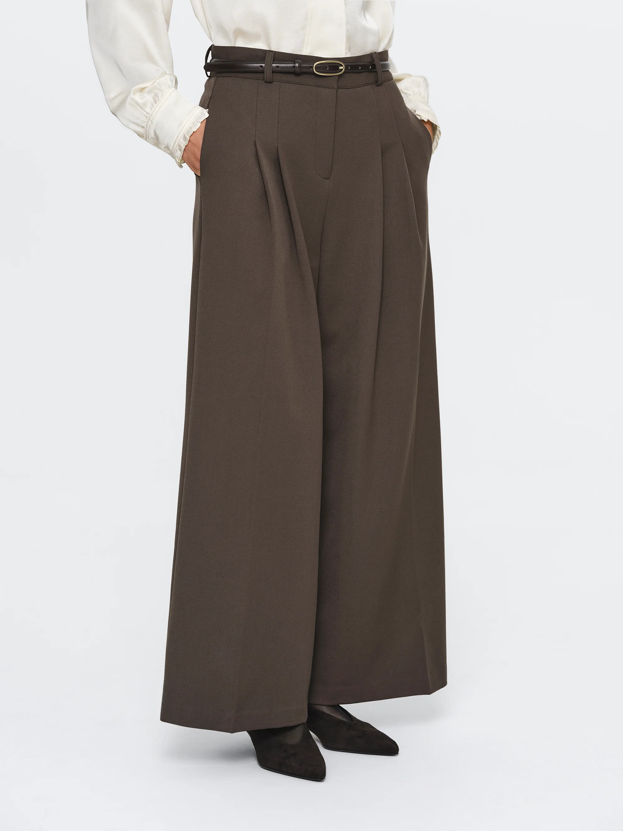 Wide Double Pleated Trousers, Mocha - Image 2