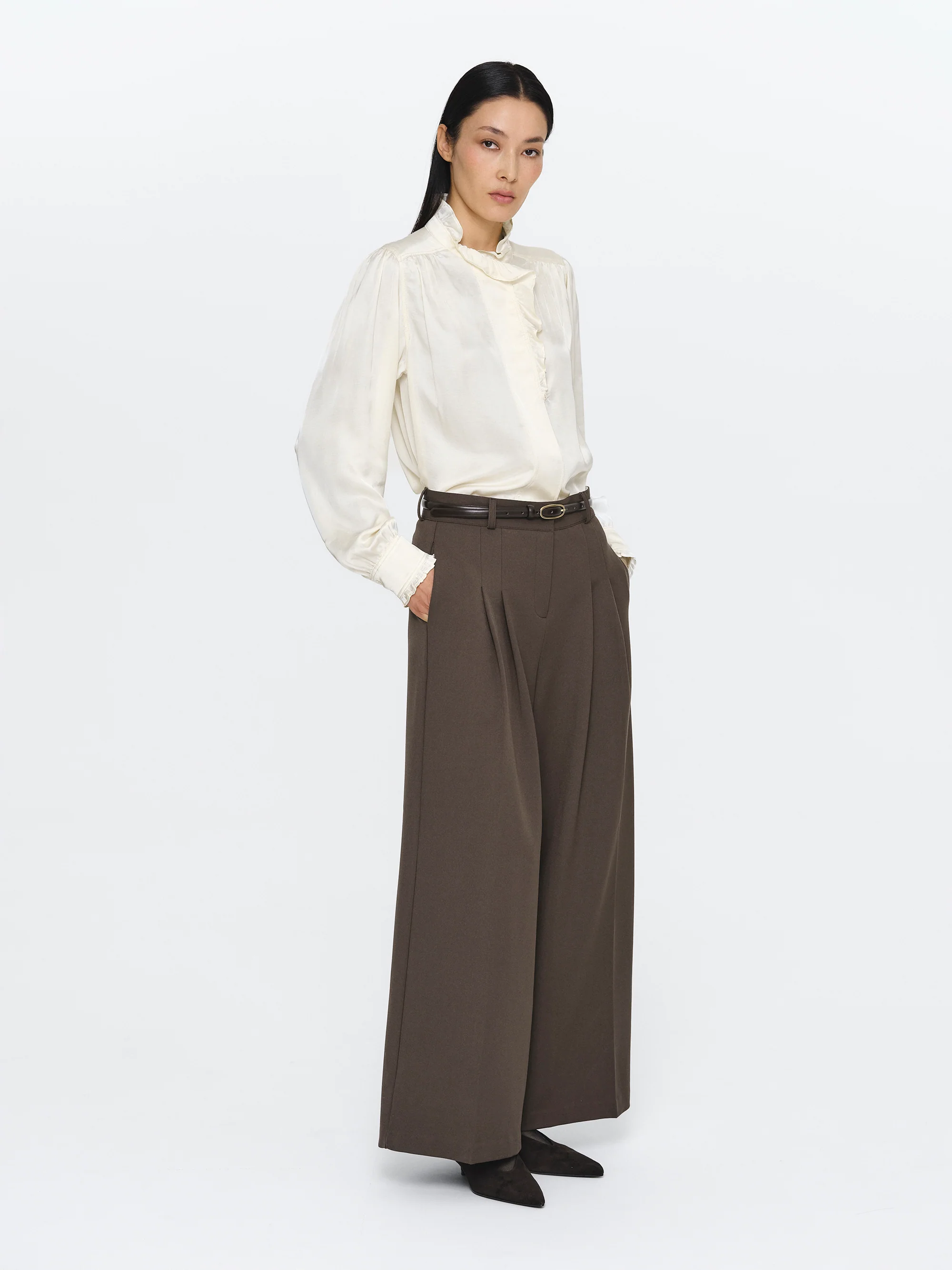 Wide Double Pleated Trousers, Mocha - Image 3