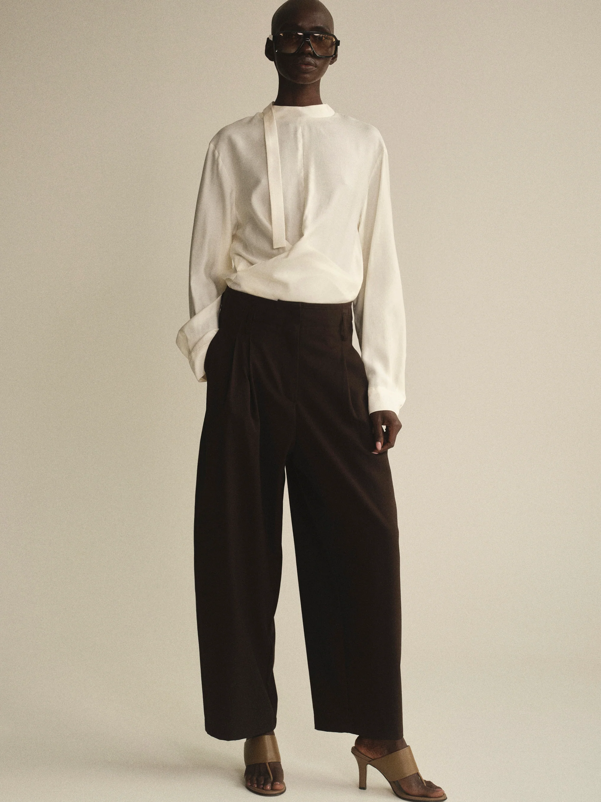 Wide Leg Pleated Trousers, Brown - Image 2