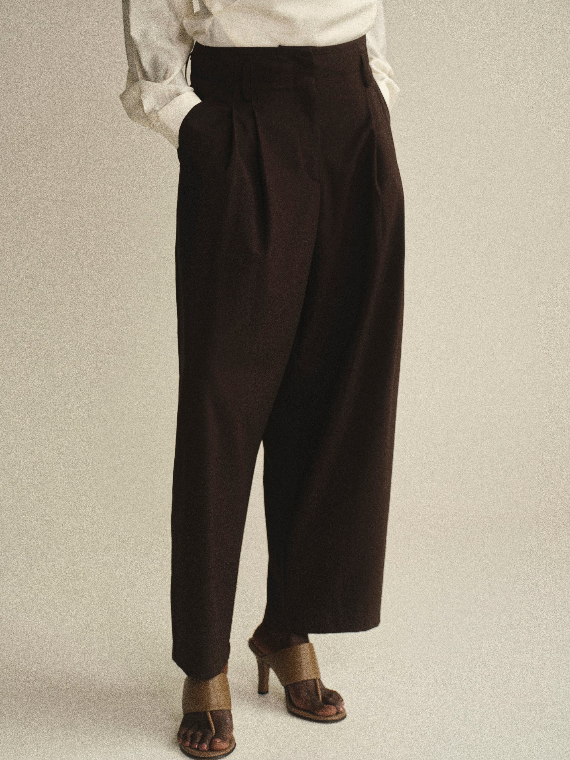 Wide Leg Pleated Trousers, Brown - Image 3