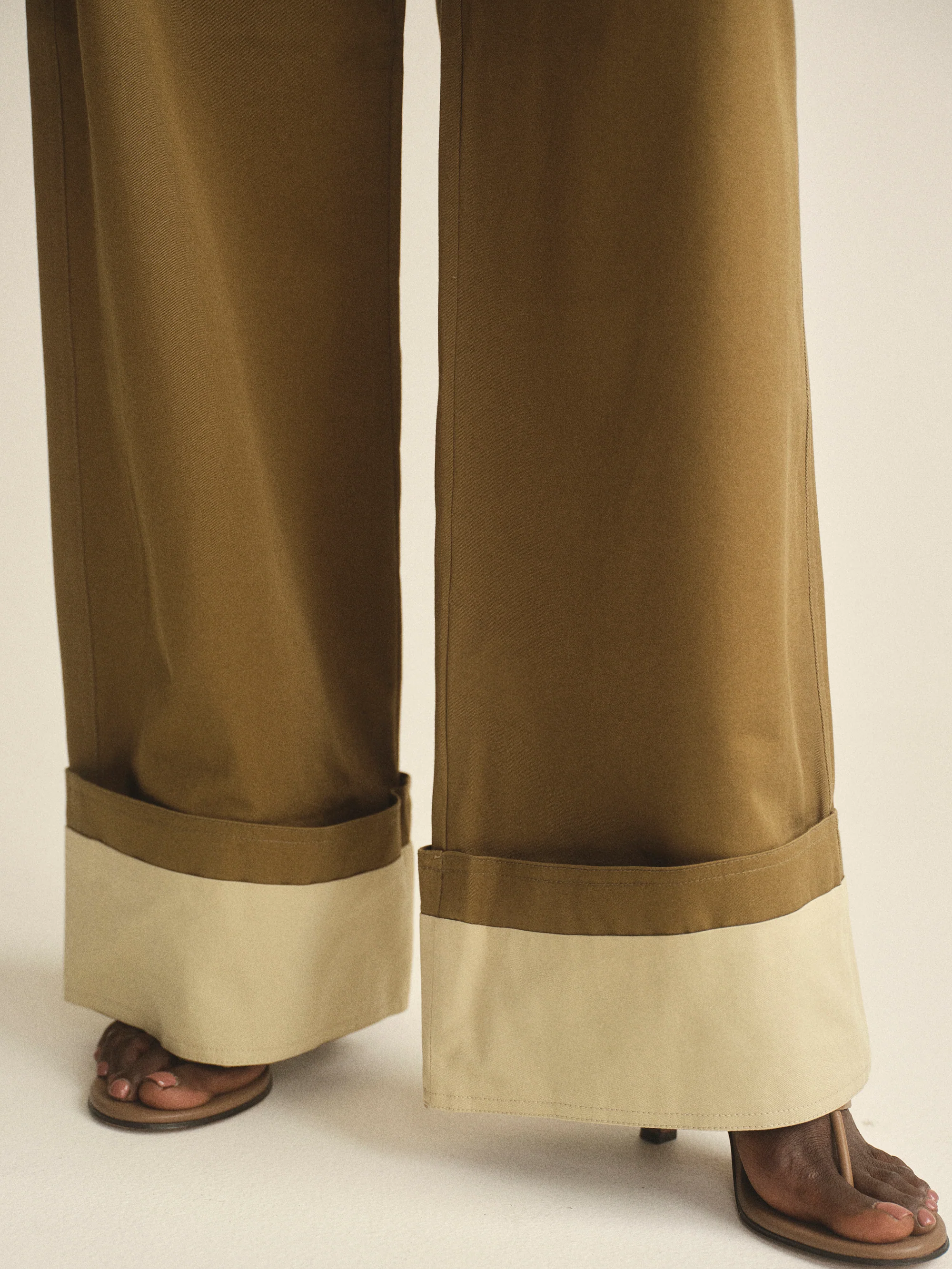 Wide Leg Turn-Up Trousers, Khaki - Image 2