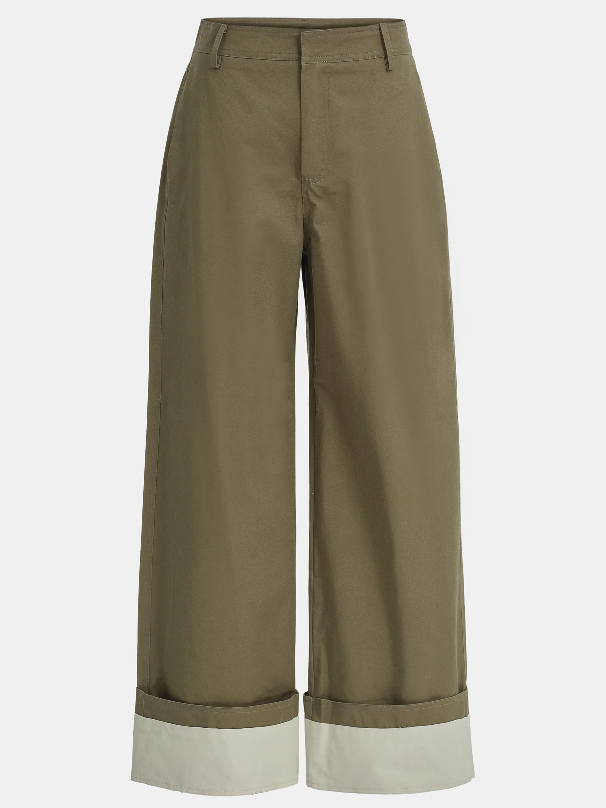 Wide Leg Turn-Up Trousers, Khaki - Image 5
