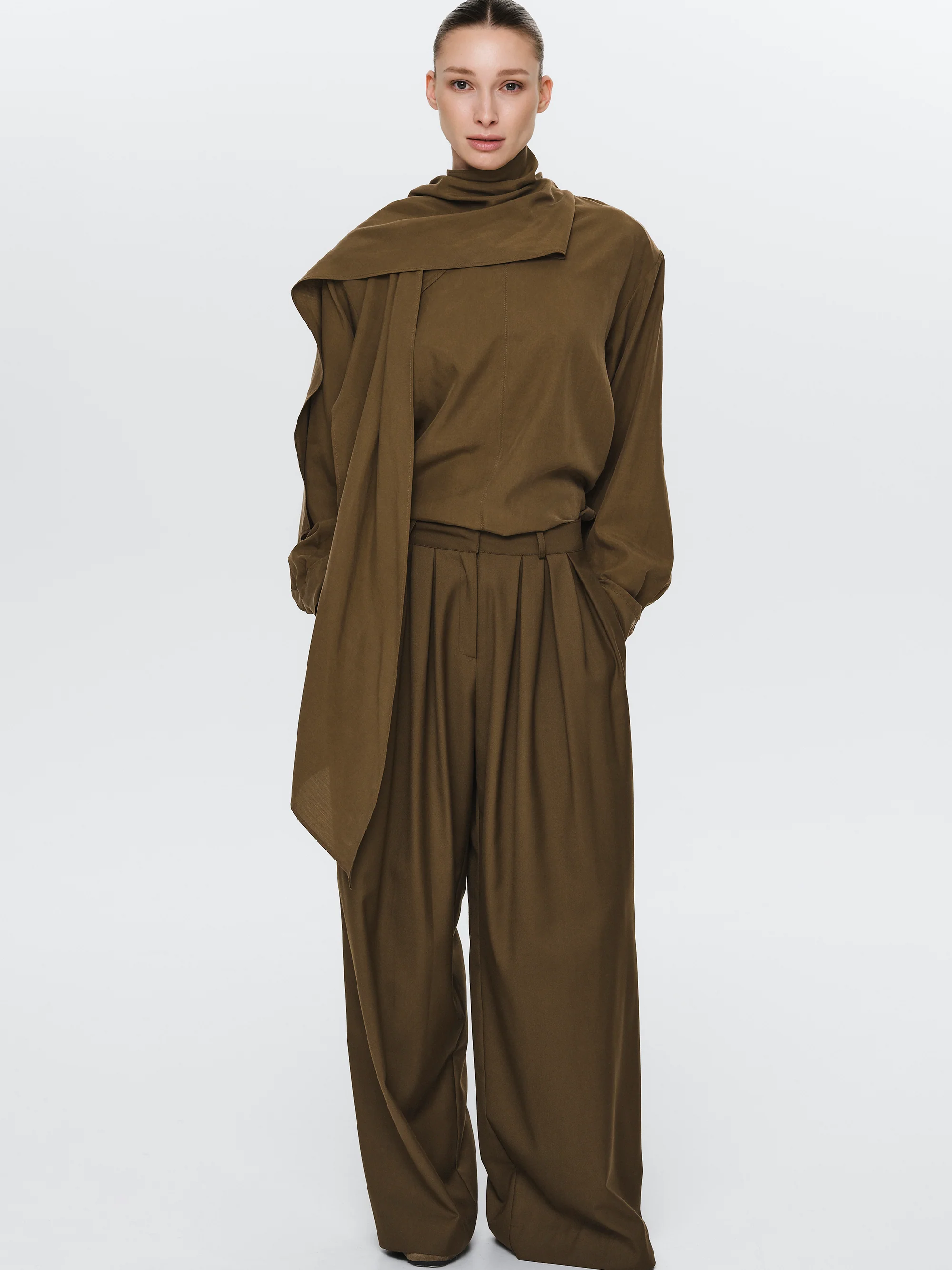 Wide Pleated Trousers, Brown - Image 2