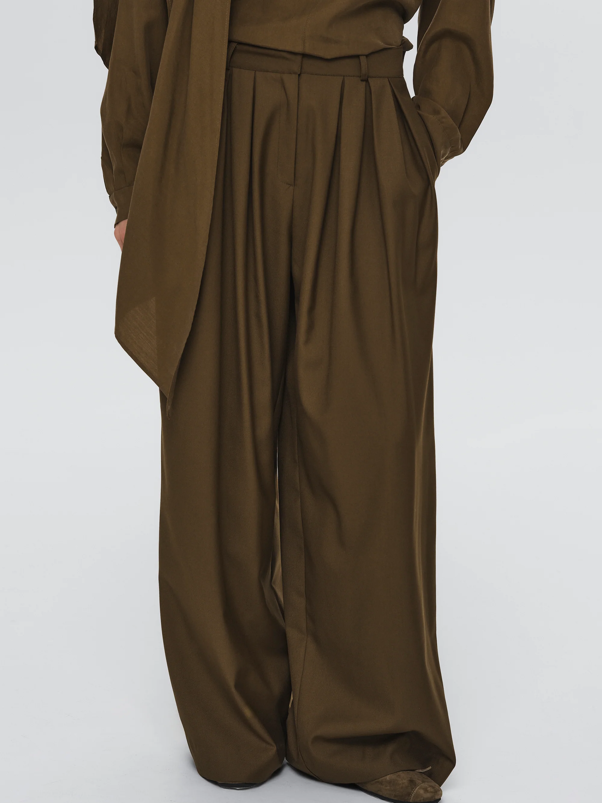 Wide Pleated Trousers, Brown - Image 3