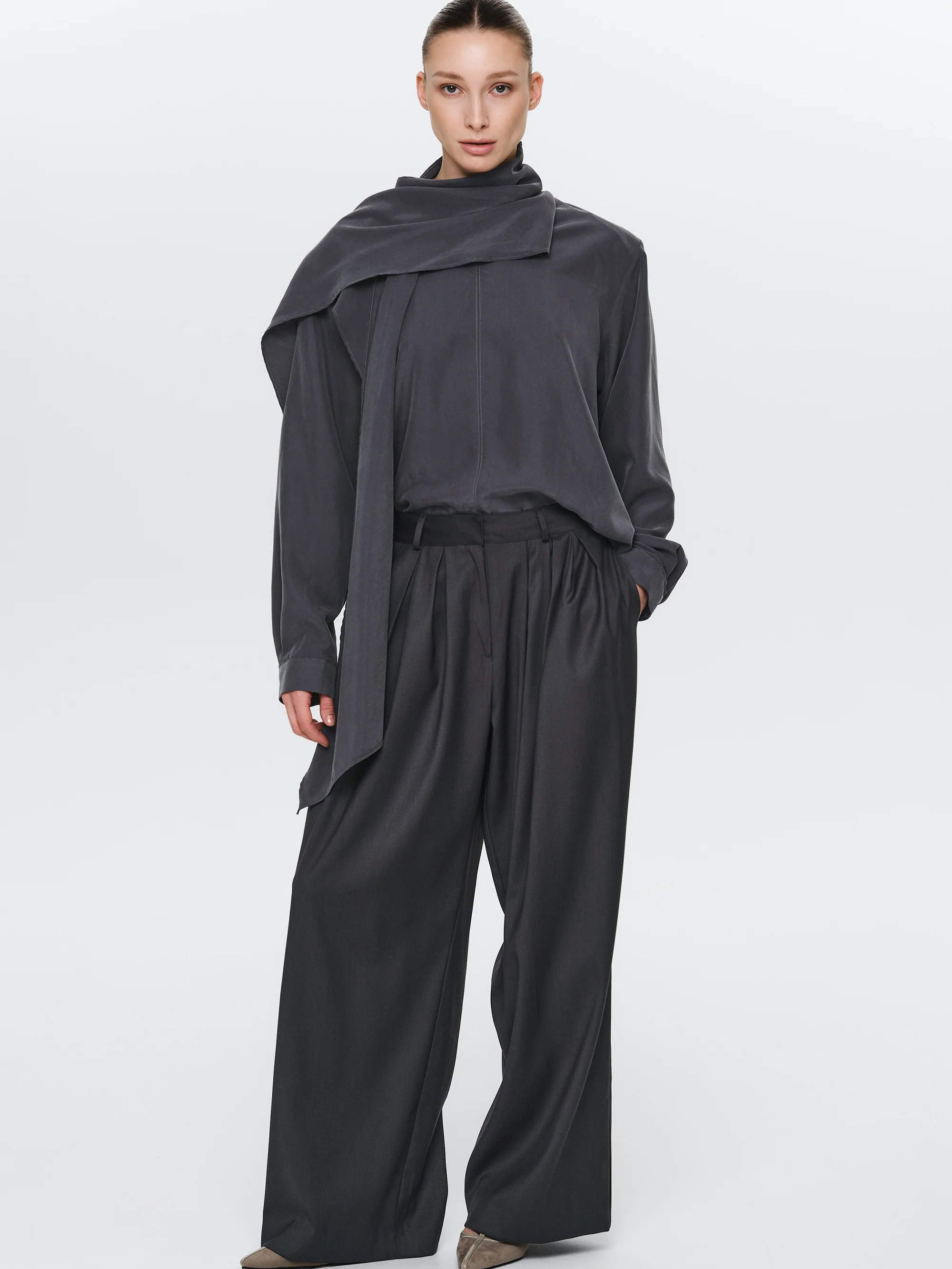 Wide Pleated Trousers, Charcoal - Image 2