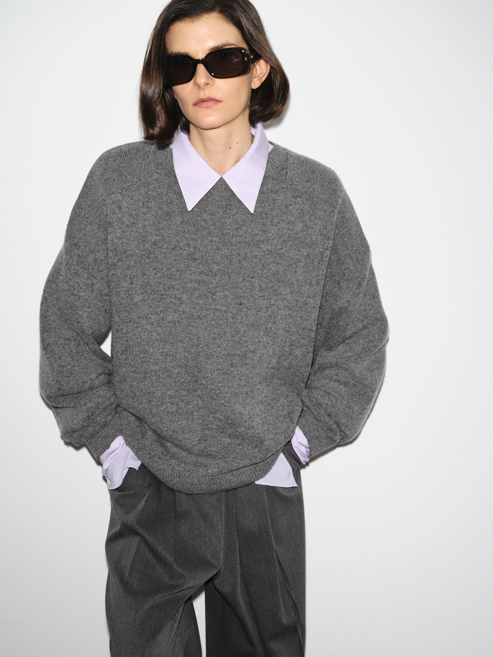 Wide-Shoulder Knit Sweater, Melange Grey