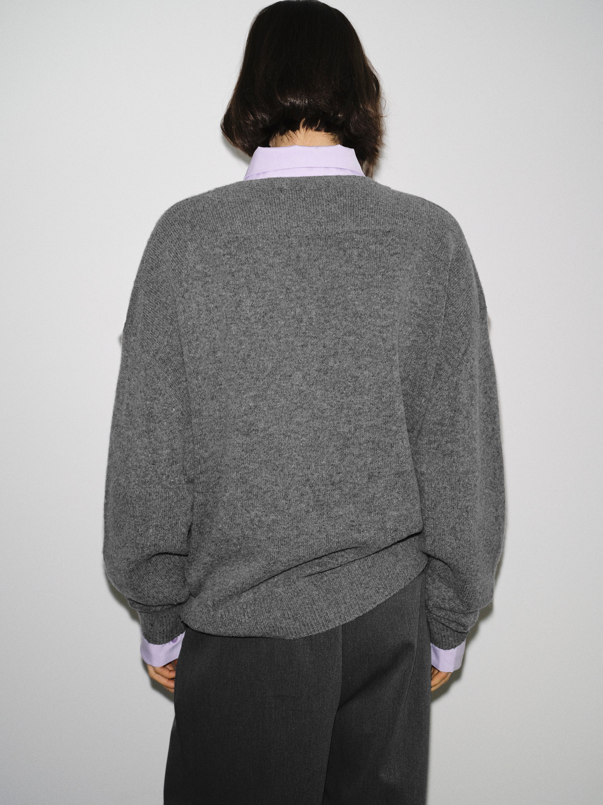 Wide-Shoulder Knit Sweater, Melange Grey - Image 2