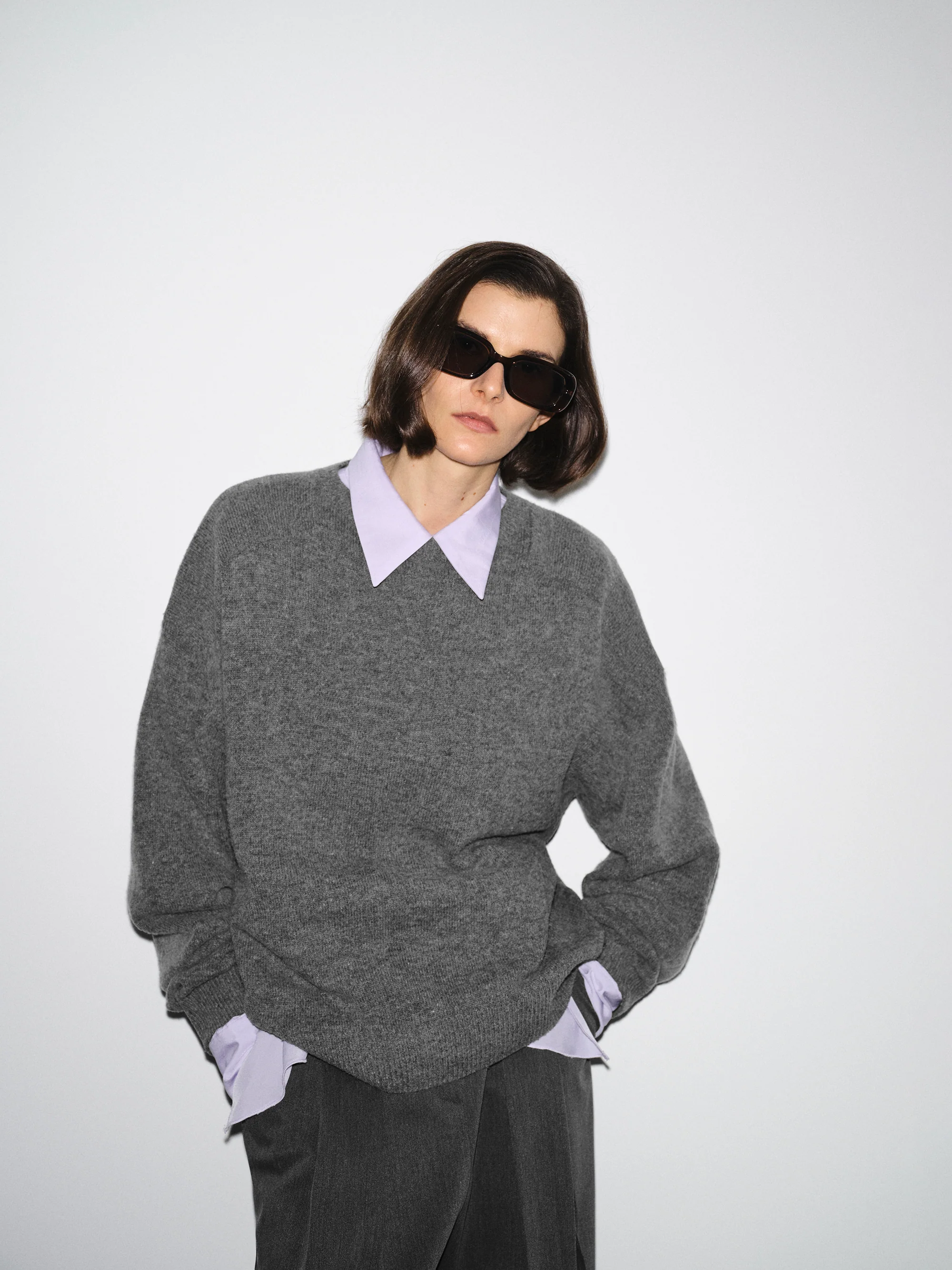Wide-Shoulder Knit Sweater, Melange Grey - Image 3
