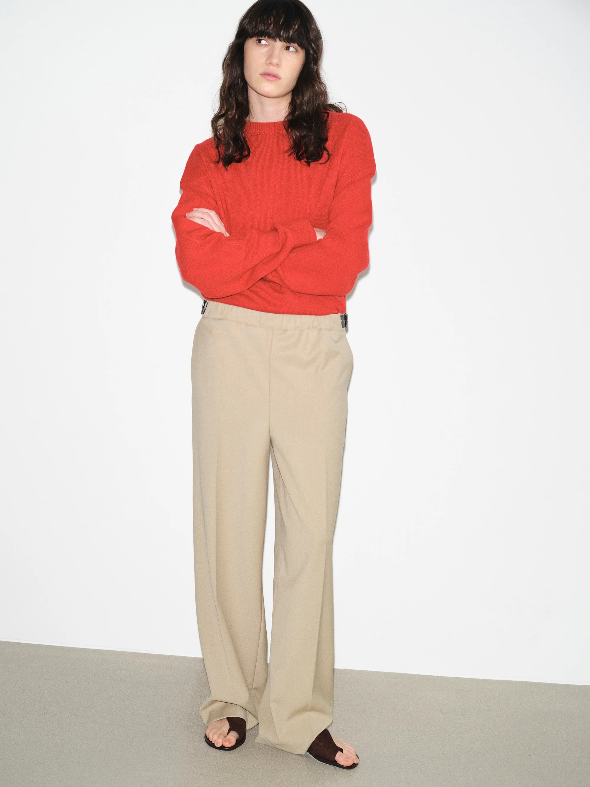 Wide-Shoulder Knit Sweater, Red - Image 3
