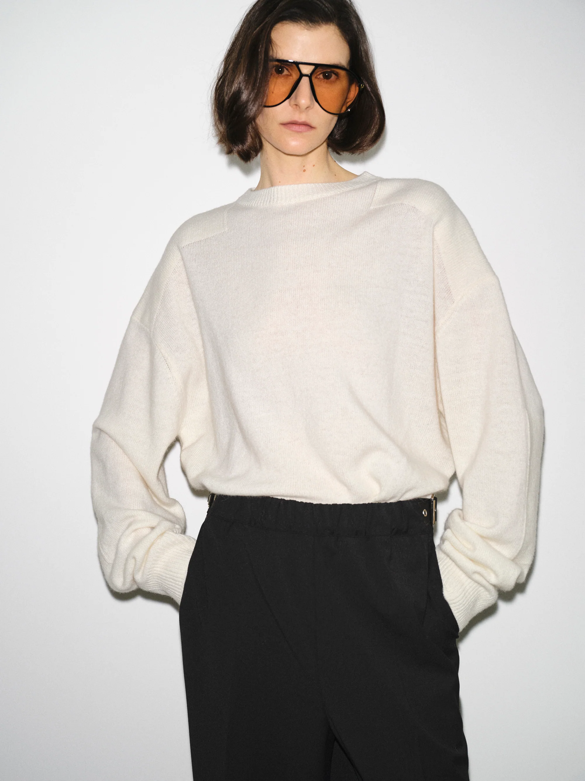 Wide-Shoulder Knit Sweater, White
