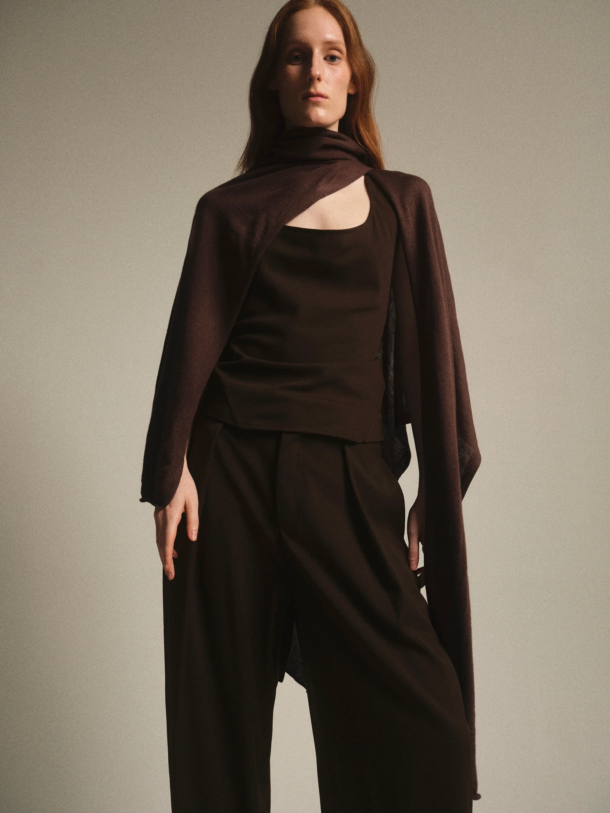 Wool-Blend Knit Shawl, Brown