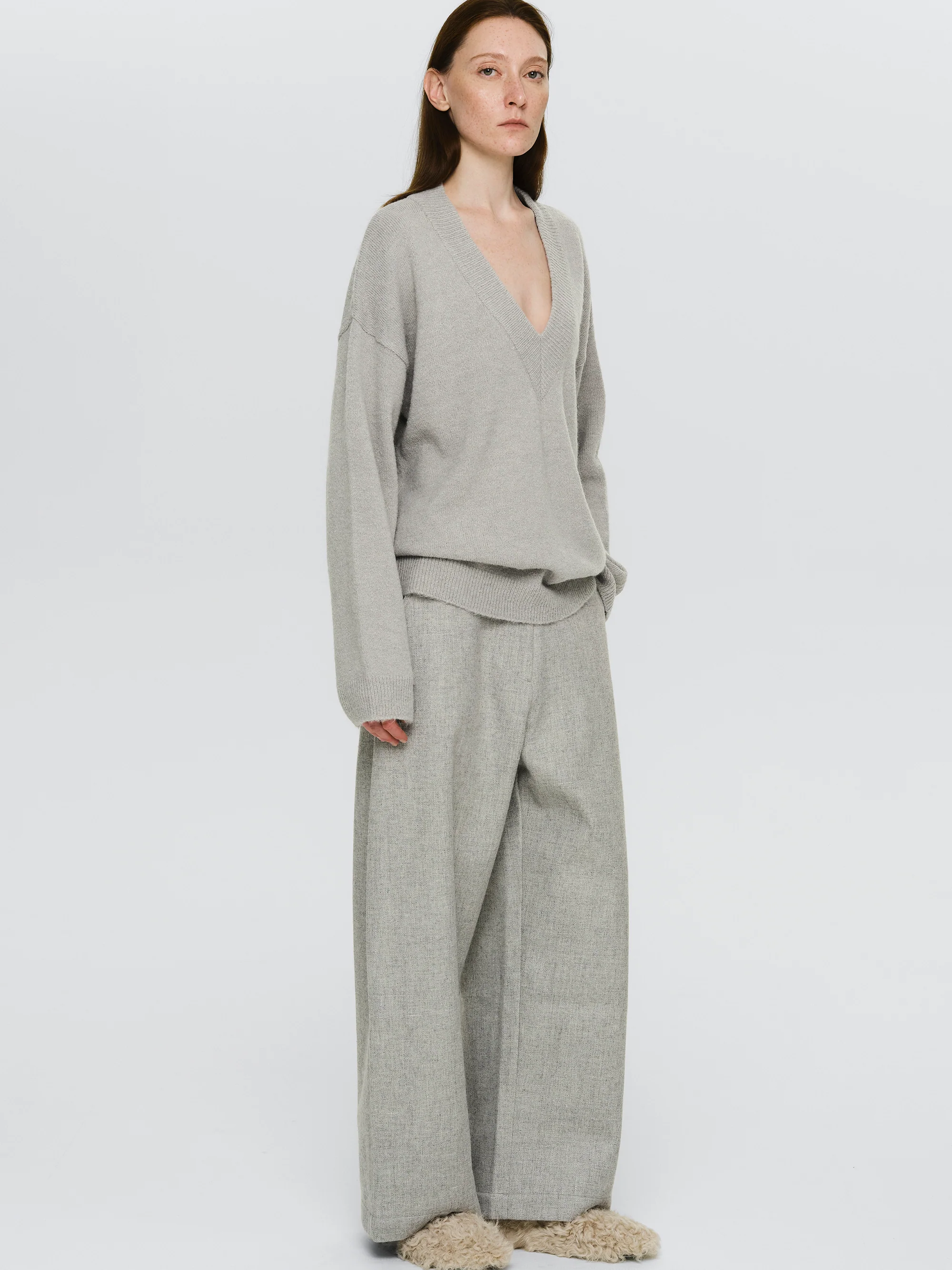 Wool-Blend Wide Trousers, Grey - Image 4