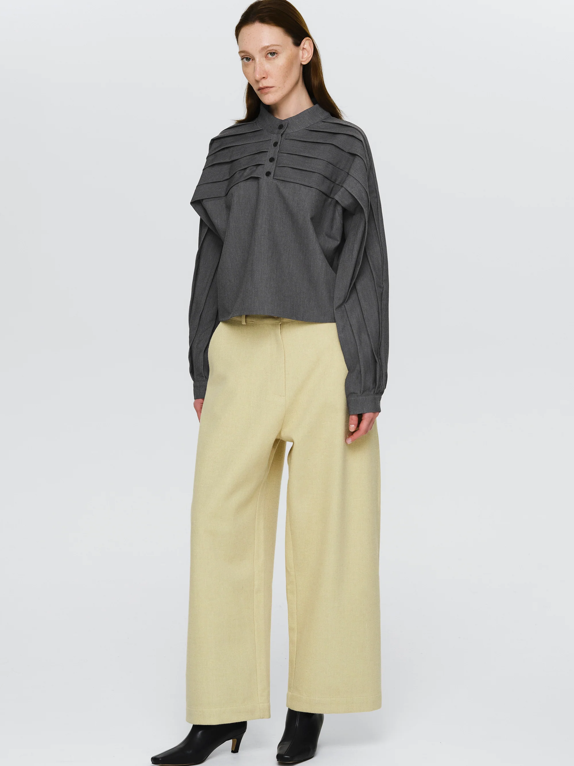 Wool-Blend Wide Trousers, Yellow