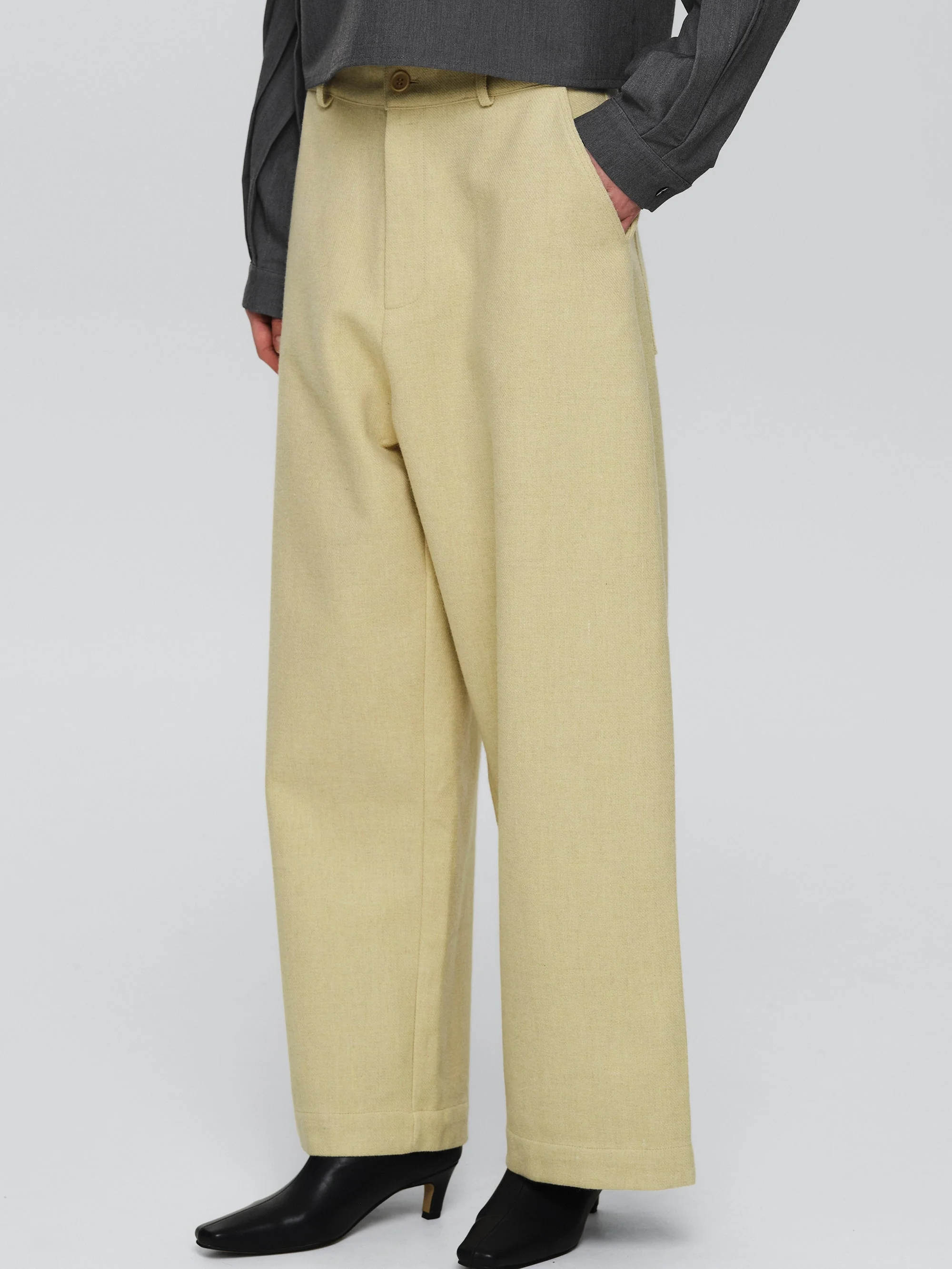 Wool-Blend Wide Trousers, Yellow - Image 3