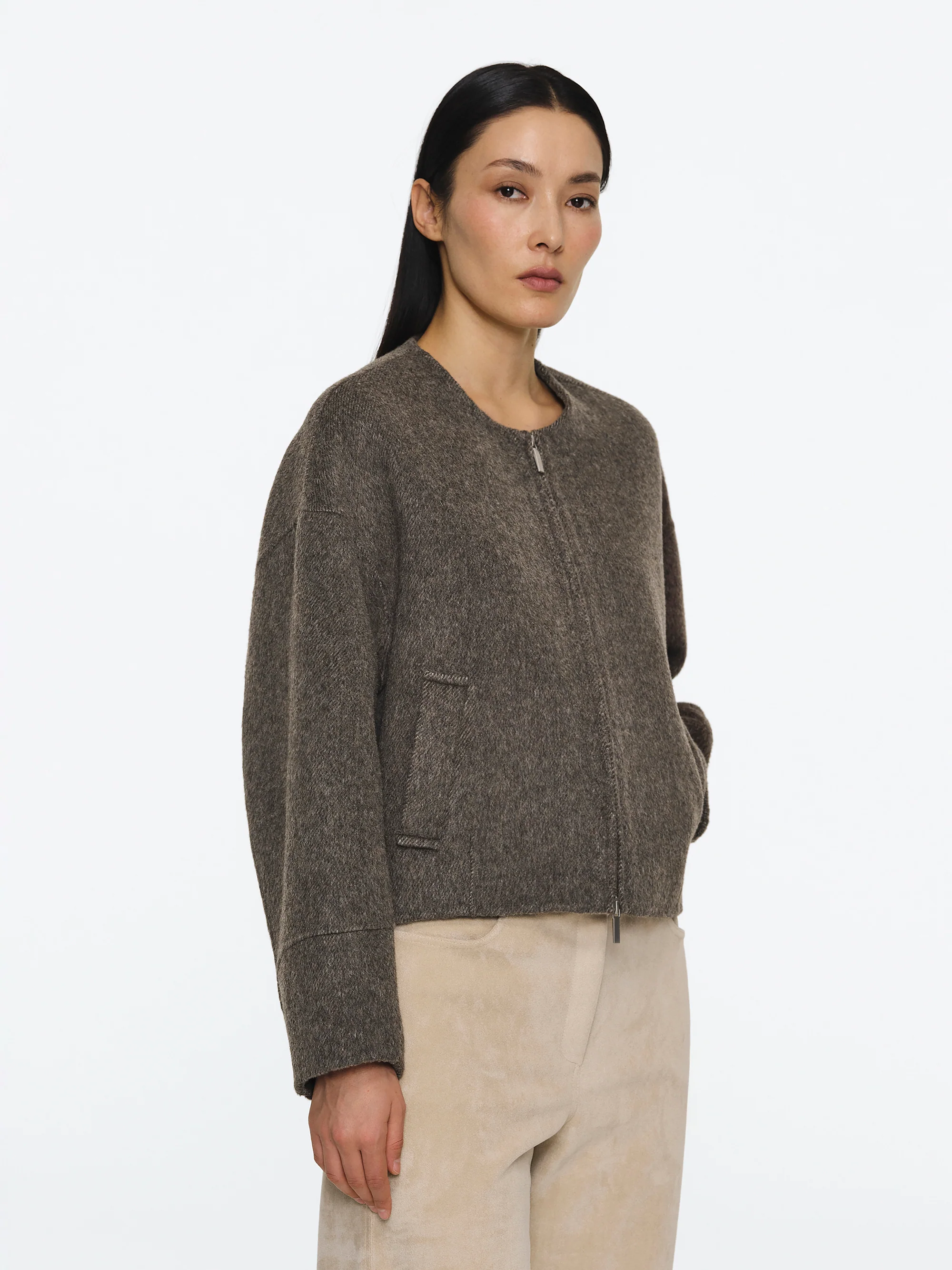 Wool Felted Zip Jacket, Brown - Image 2