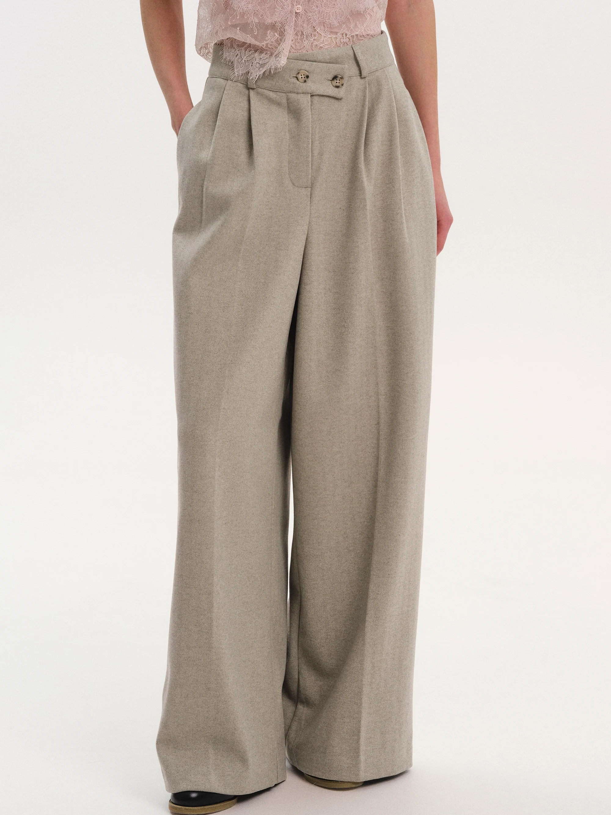 Wrap Button Trousers, Taupe