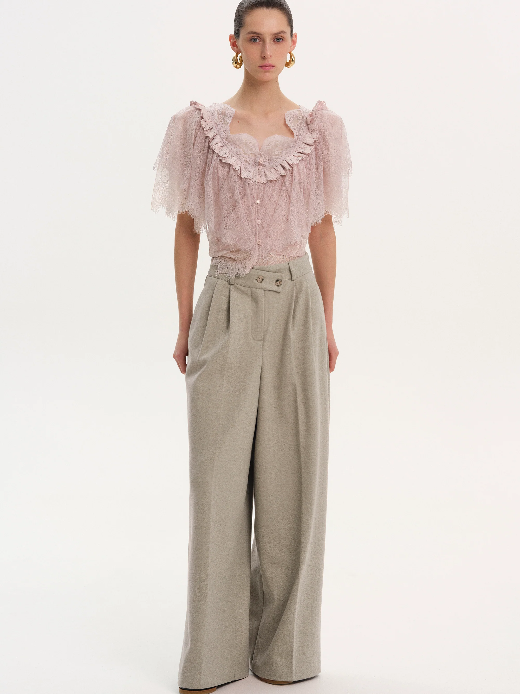 Wrap Button Trousers, Taupe - Image 3