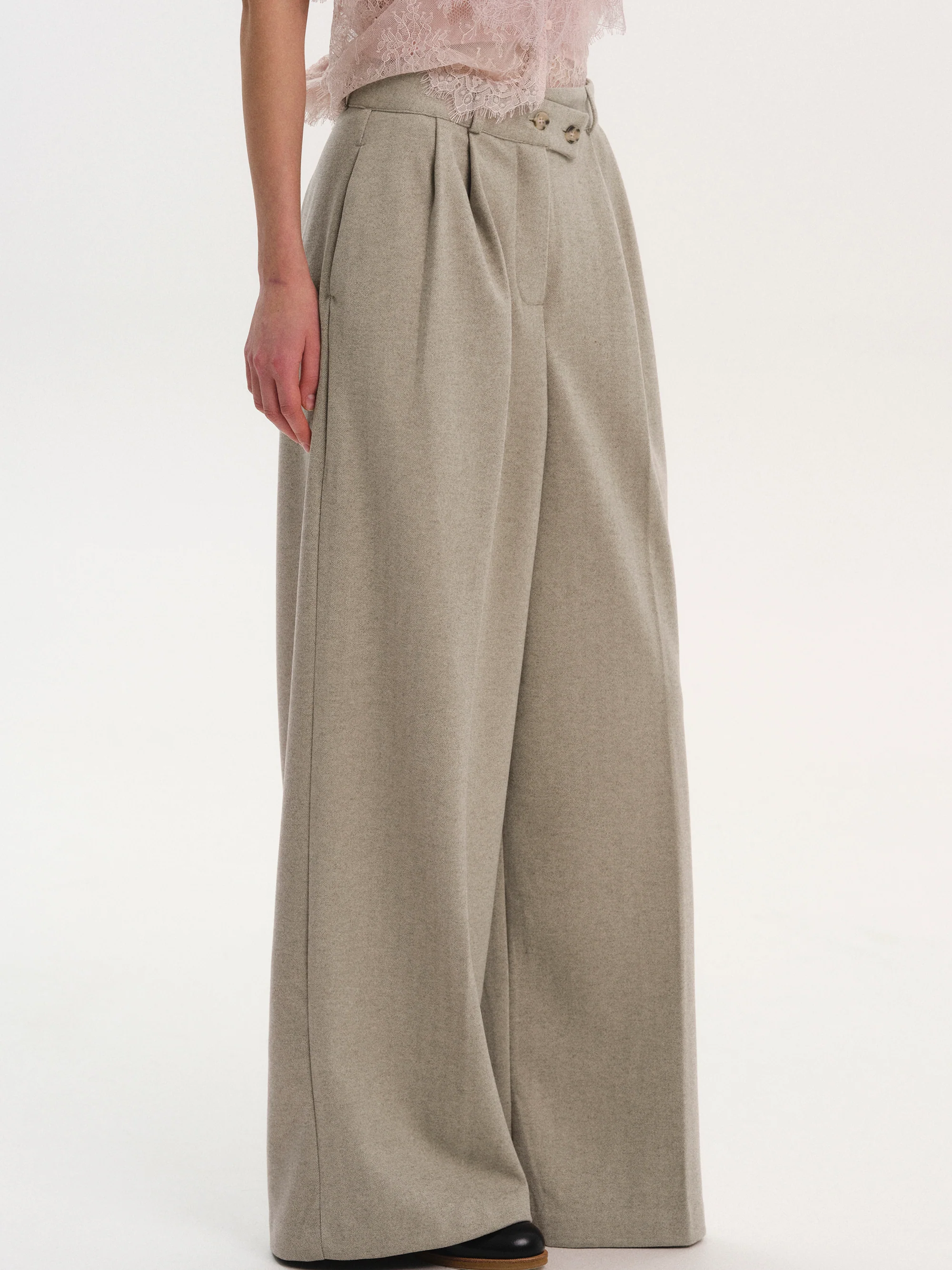 Wrap Button Trousers, Taupe - Image 4