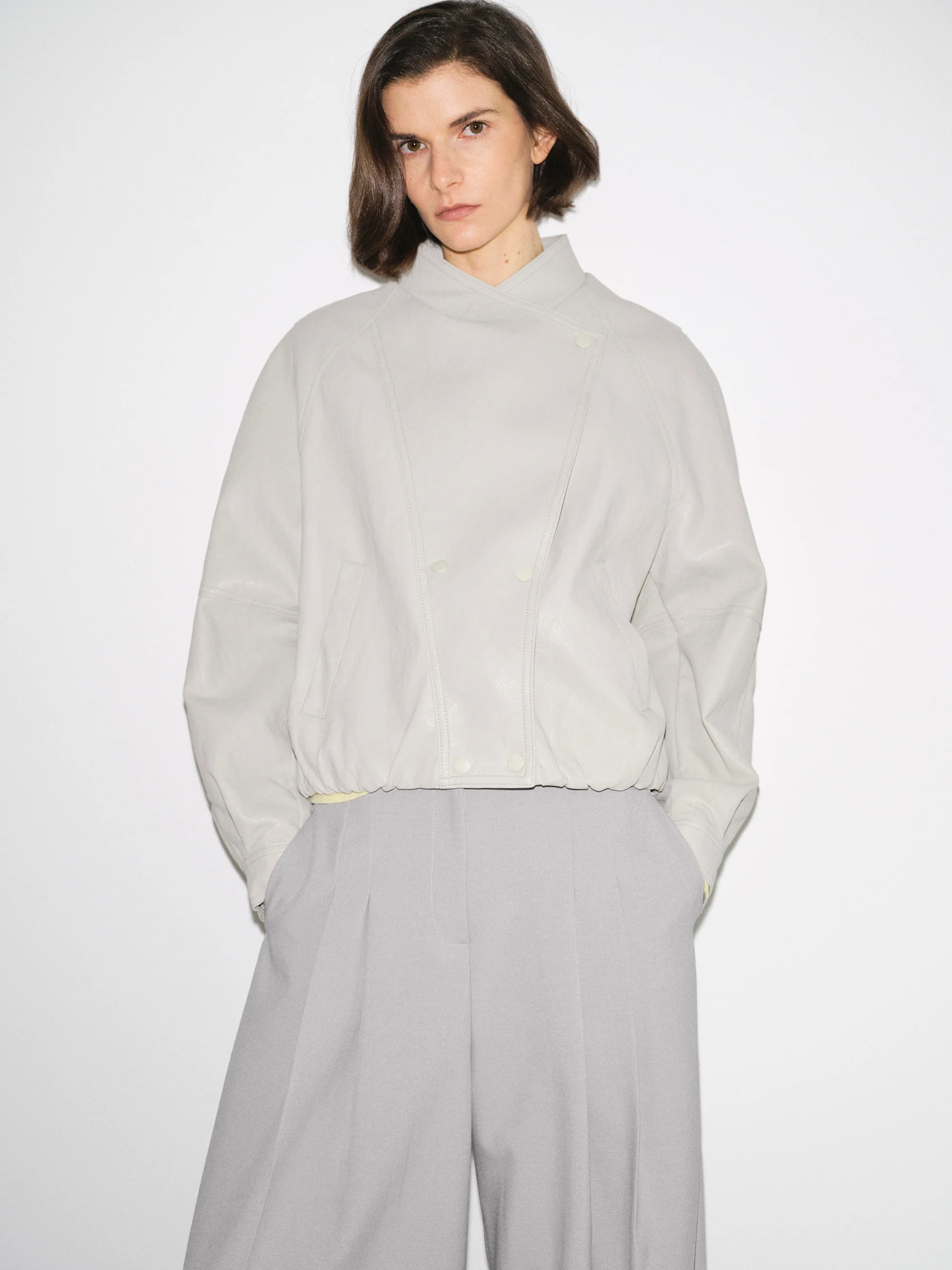 Wrap Stand Collar Faux-Leather Jacket, Light Grey