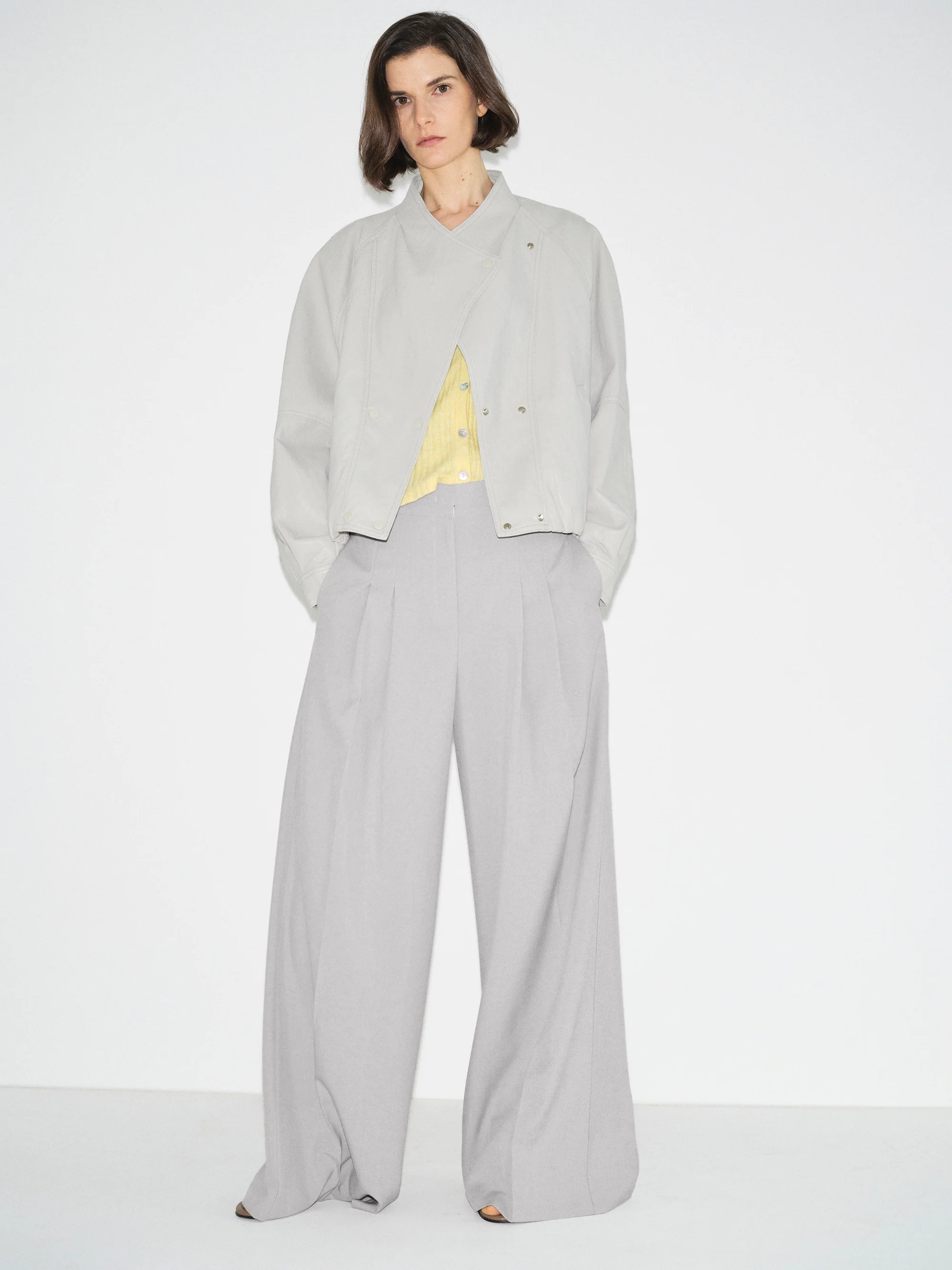 Wrap Stand Collar Faux-Leather Jacket, Light Grey - Image 2