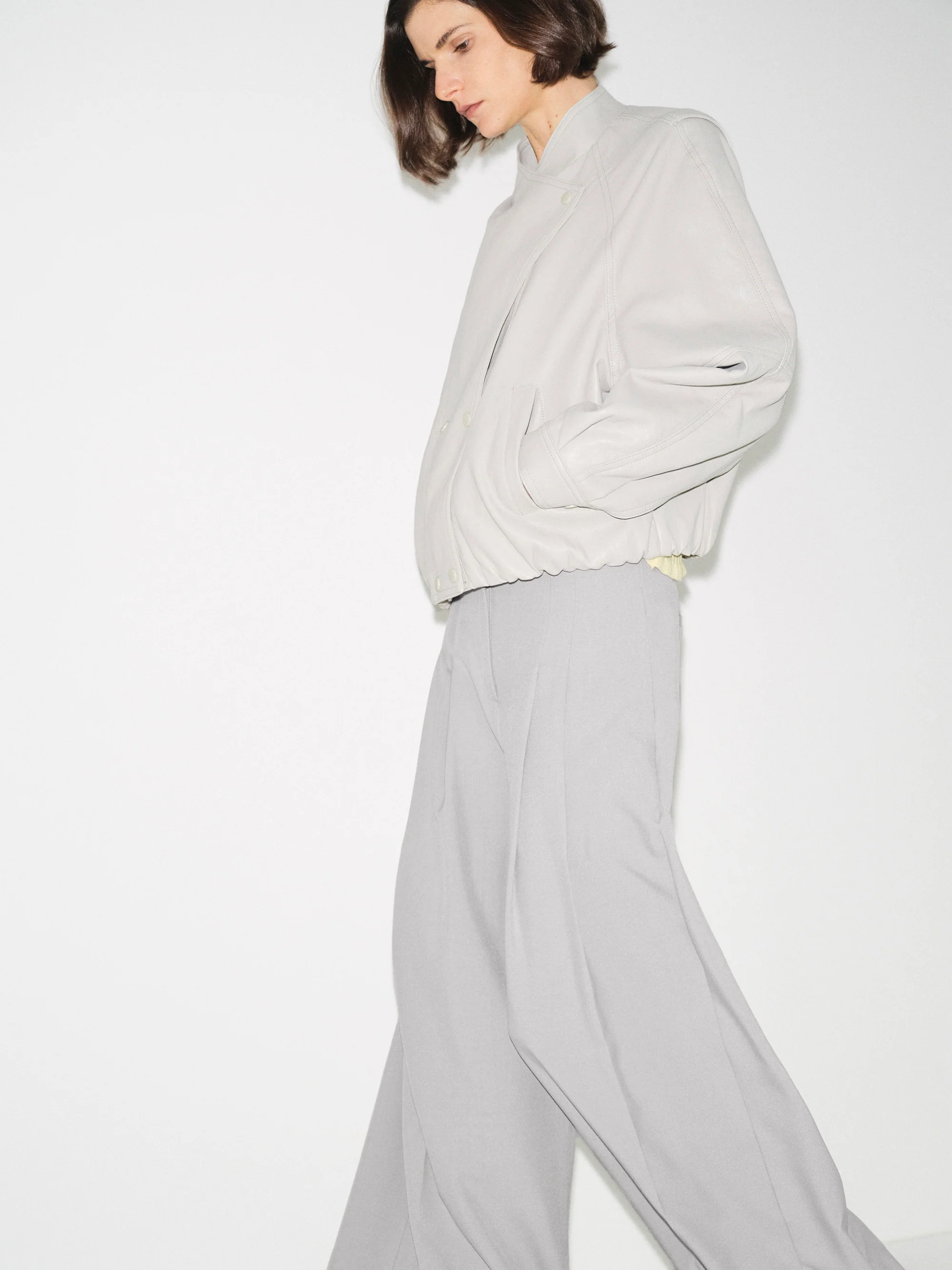 Wrap Stand Collar Faux-Leather Jacket, Light Grey - Image 3