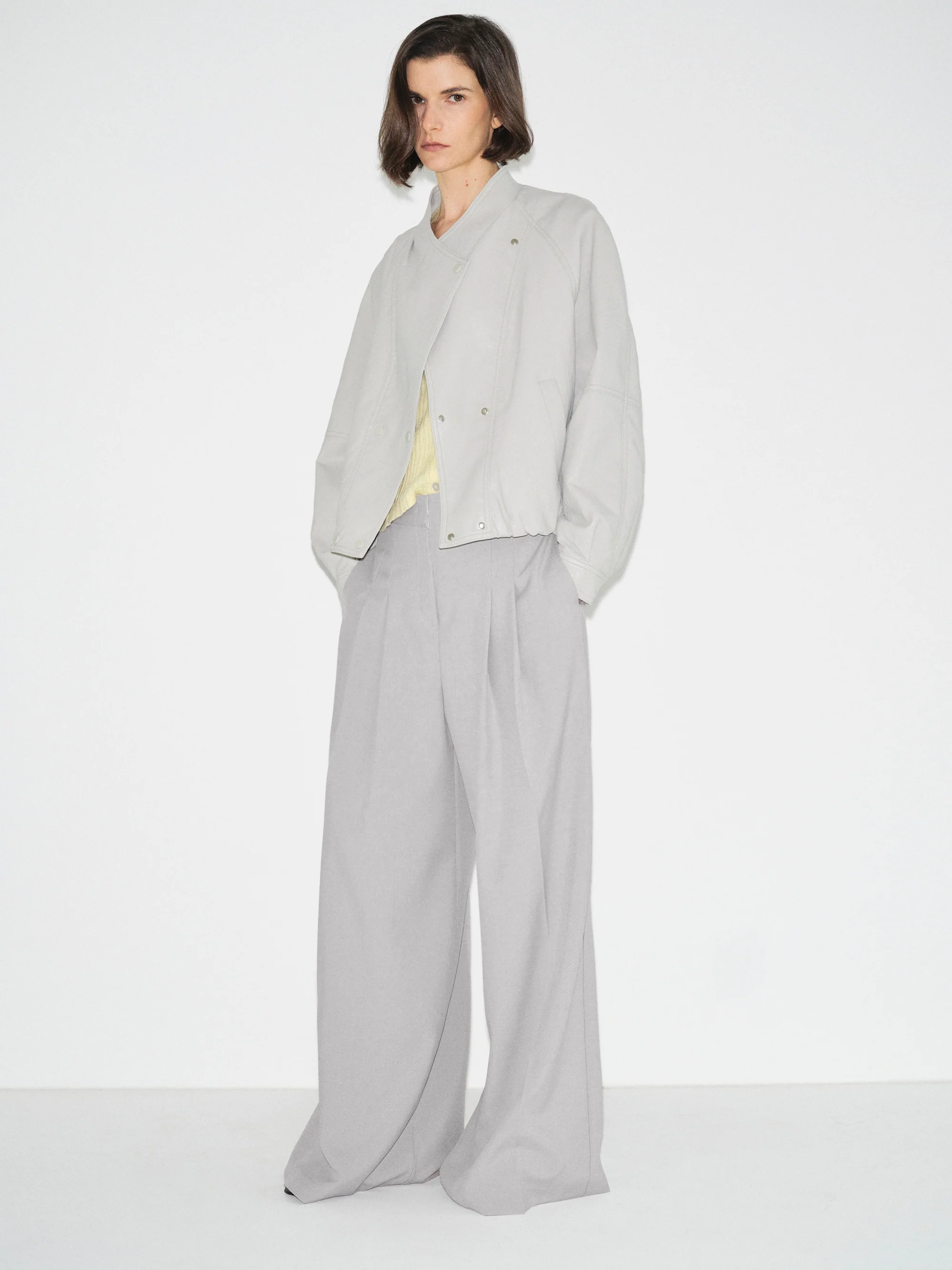 Wrap Stand Collar Faux-Leather Jacket, Light Grey - Image 5