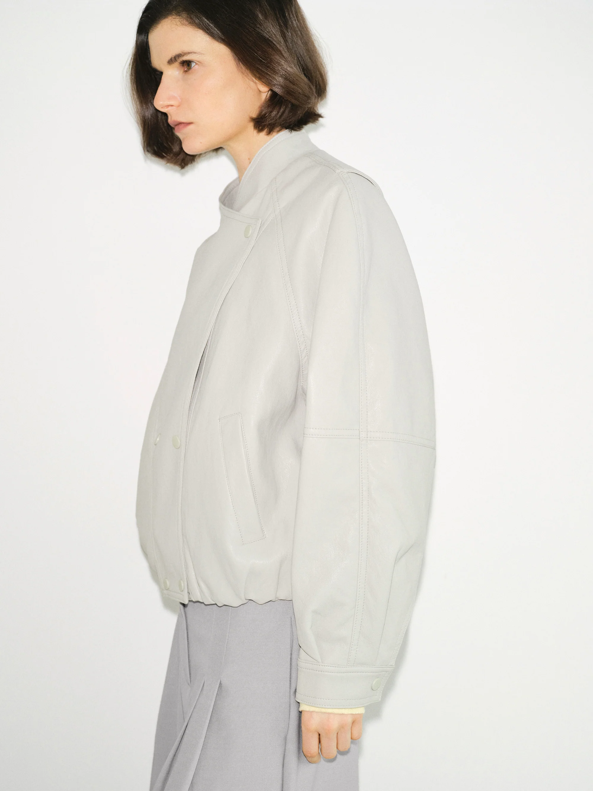 Wrap Stand Collar Faux-Leather Jacket, Light Grey - Image 6