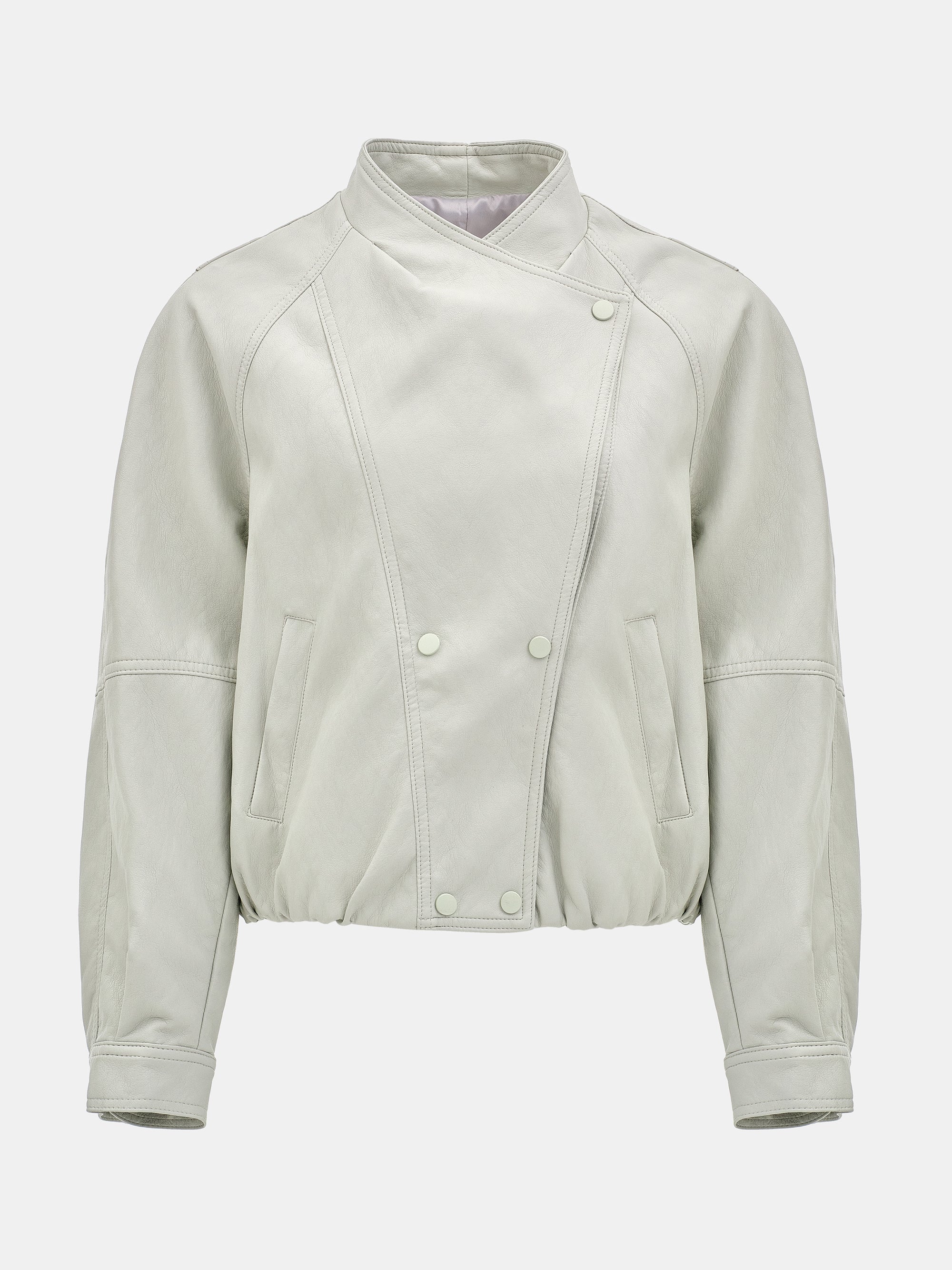 Wrap Stand Collar Faux-Leather Jacket, Light Grey - Image 8