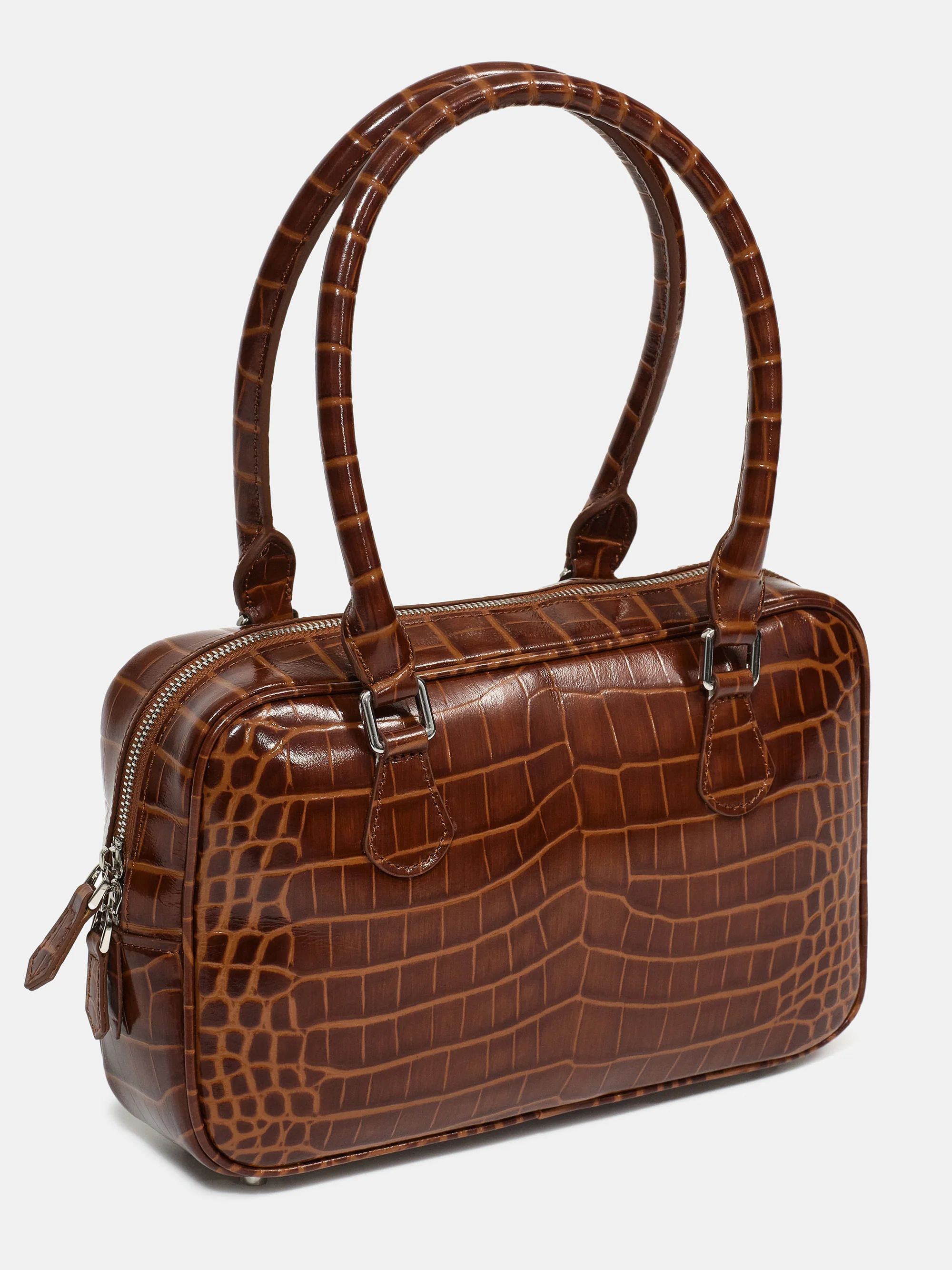 Yves Croc-embossed Leather Bag, Chocolate