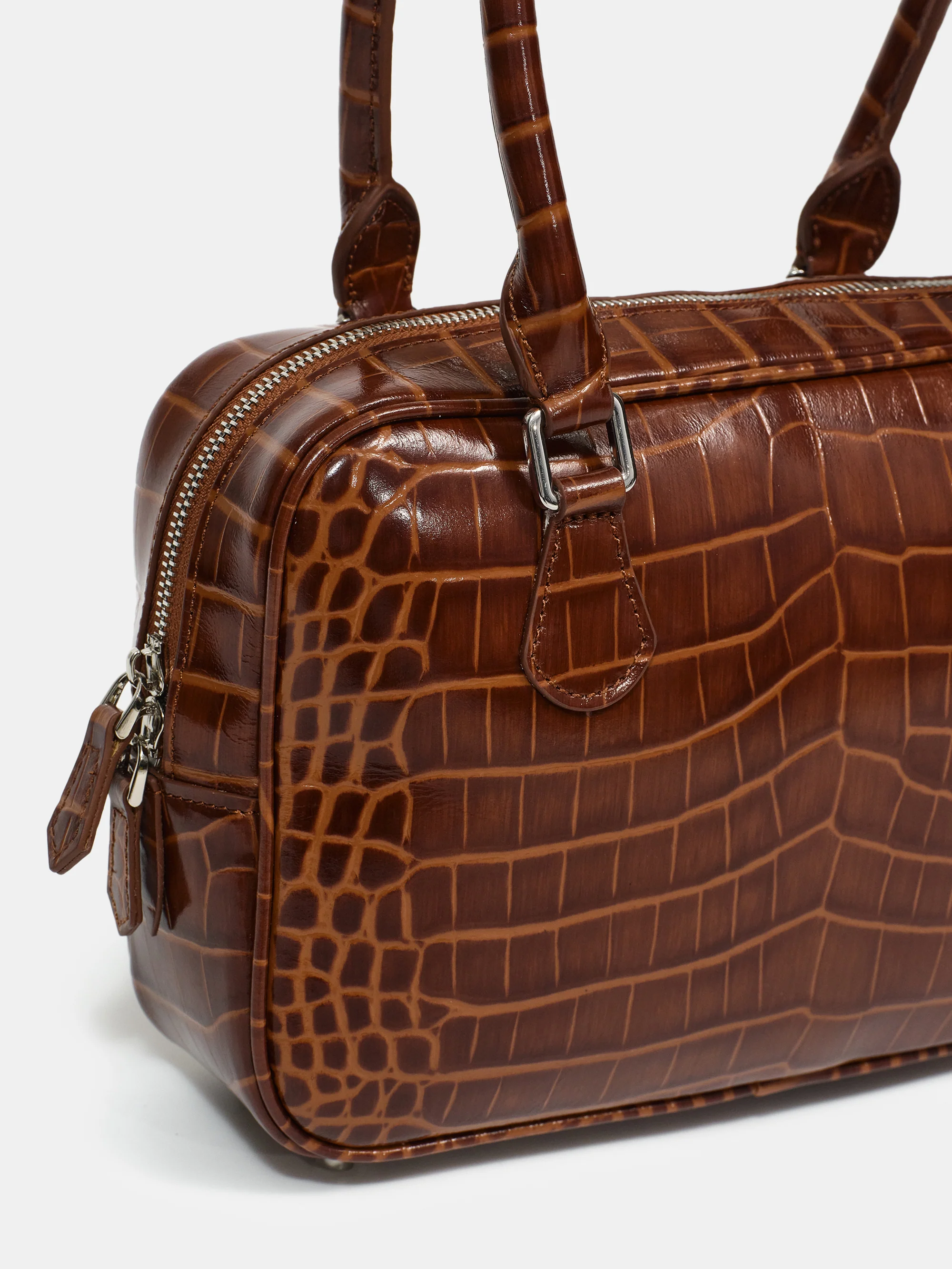 Yves Croc-embossed Leather Bag, Chocolate - Image 2